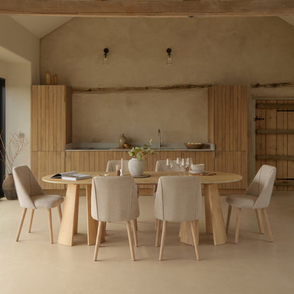Farren Whitewash Oak Oval Dining Table Set - 6 Seater - Freya Sand Dining Chairs - Whitewash Oak Legs - Laura James Ireland