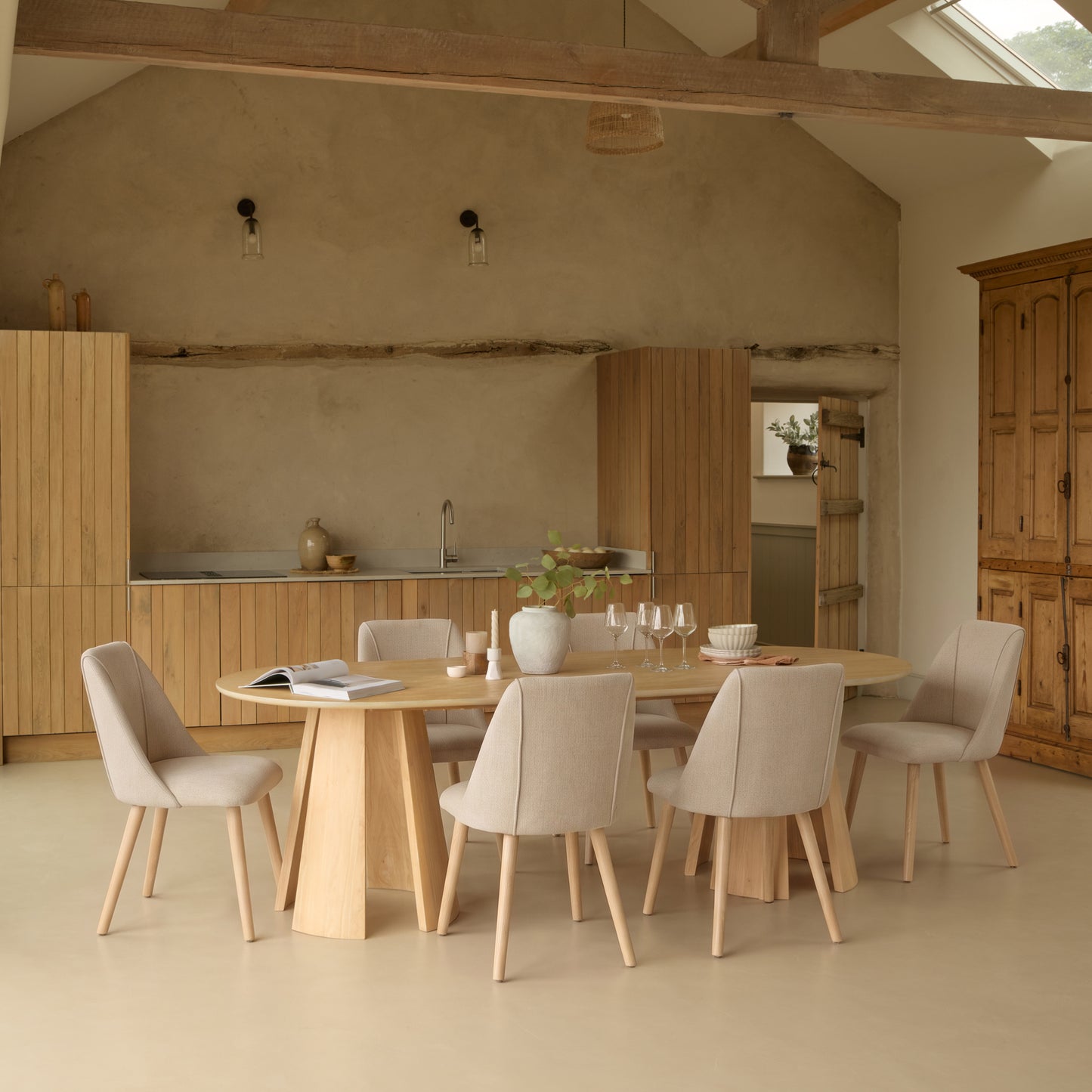 Farren Whitewash Oak Oval Dining Table Set - 6 Seater - Freya Sand Dining Chairs - Whitewash Oak Legs - Laura James Ireland
