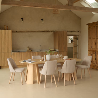 Farren Whitewash Oak Oval Dining Table Set - 6 Seater - Freya Sand Dining Chairs - Whitewash Oak Legs - Laura James Ireland