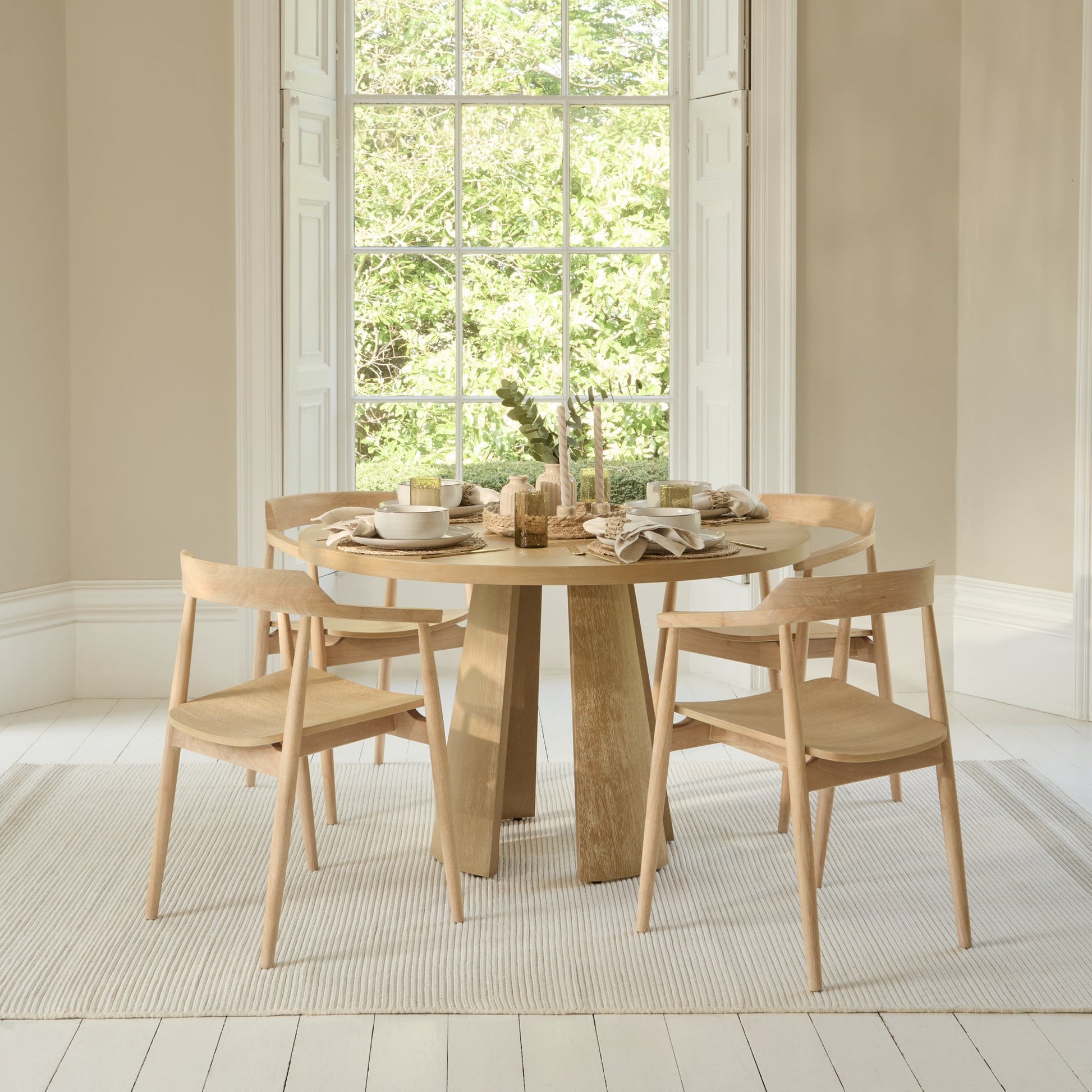 Farren 120cm Whitewash Oak Round Dining Table Set - 4 Seater - Carter Dining  Whitewash Armchair - Laura James