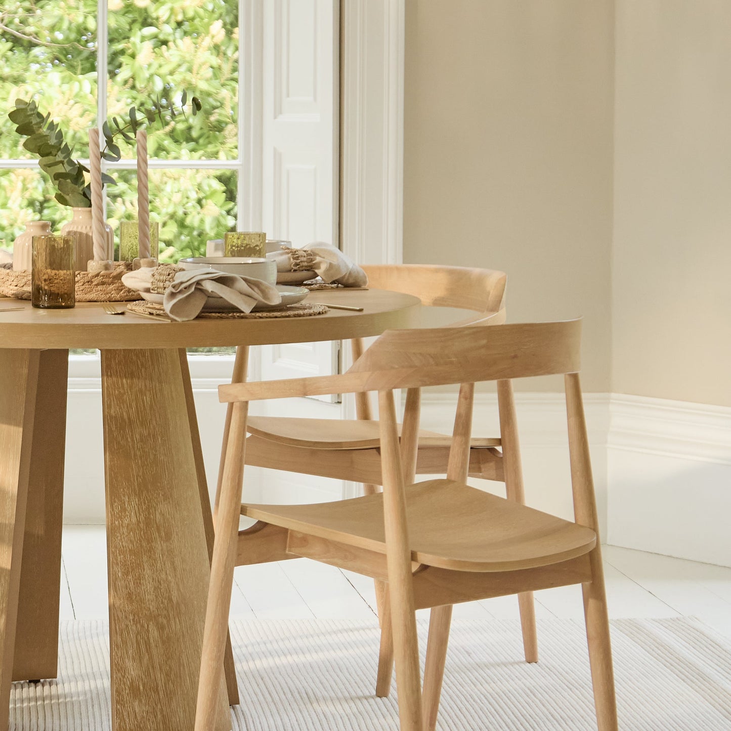 Farren 120cm Whitewash Oak Round Dining Table Set - 4 Seater - Carter Dining  Whitewash Armchair - Laura James