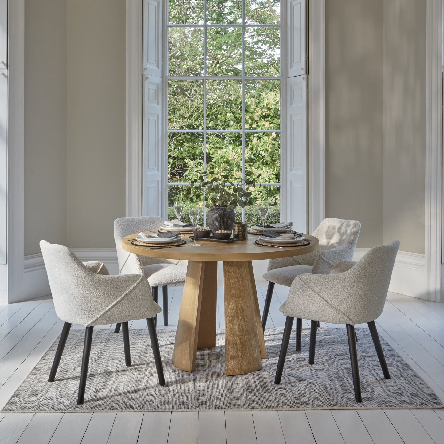 Farren 120cm Whitewash Oak Round Dining Table Set - 4 Seater - Freya Oat Boucle Armchairs with Black Legs - Laura James