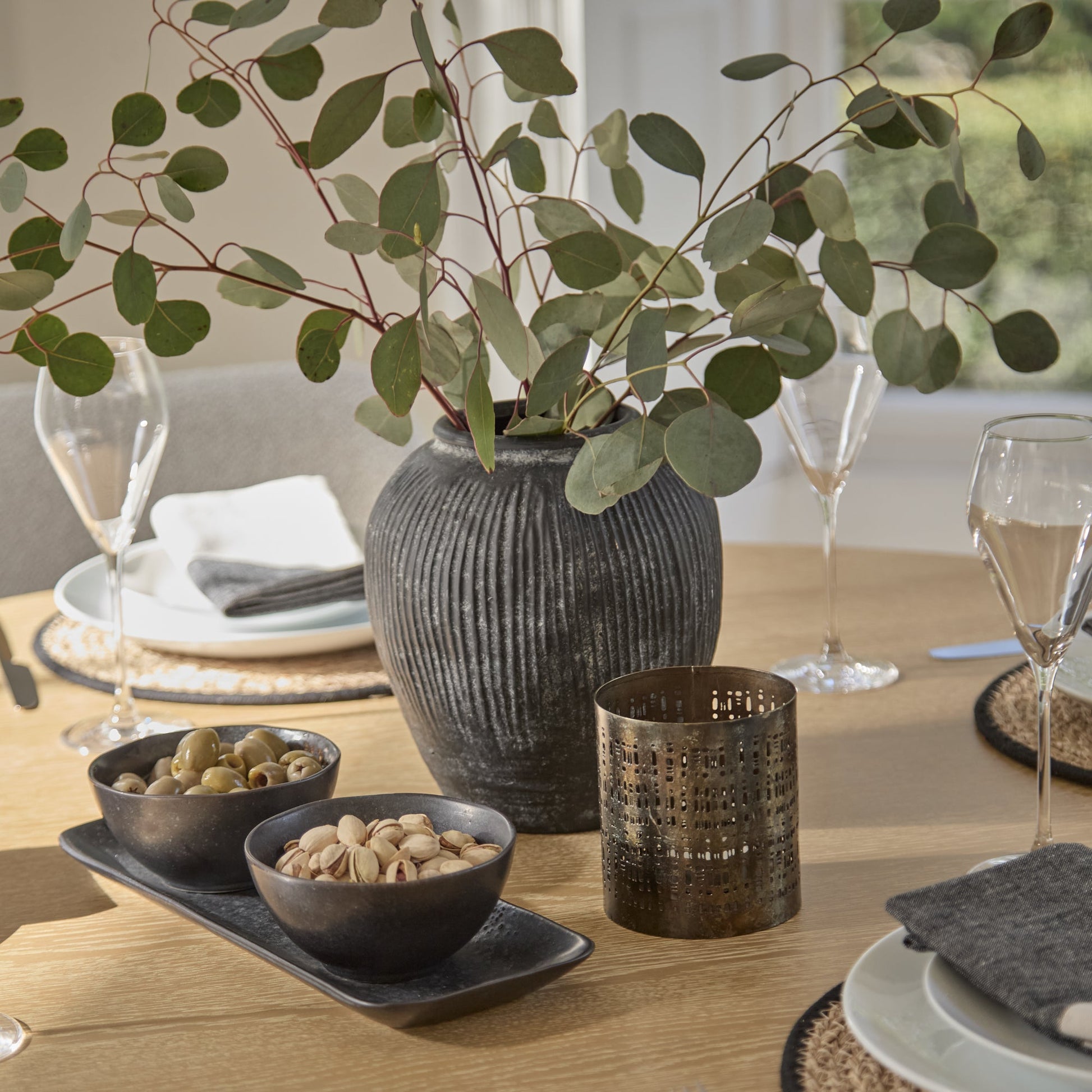 Farren 120cm Whitewash Oak Round Dining Table Set - 4 Seater - Freya Oat Boucle Armchairs with Black Legs - Laura James