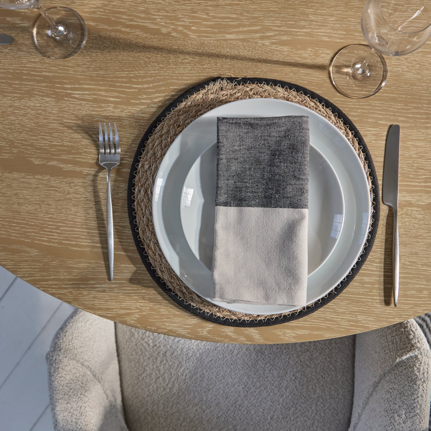 Farren 120cm Whitewash Oak Round Dining Table Set - 4 Seater - Freya Oat Boucle Armchairs with Black Legs - Laura James