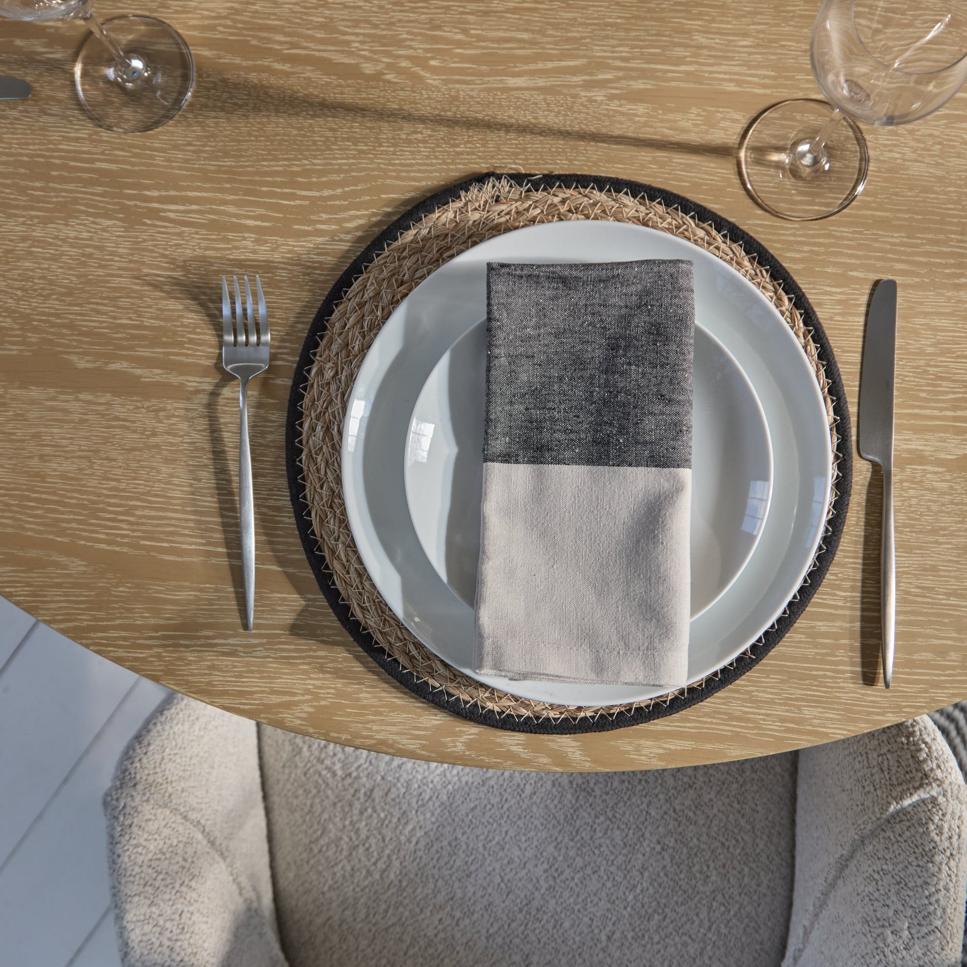 Farren 120cm Whitewash Oak Round Dining Table Set - 4 Seater - Freya Oat Boucle Armchairs with Black Legs - Laura James