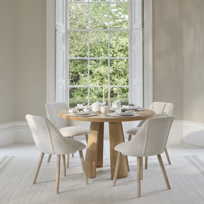 Farren Whitewash Oak Round Dining Table Set - 4 Seater - Freya Oat Boucle Dining Chairs - Whitewash Oak Legs