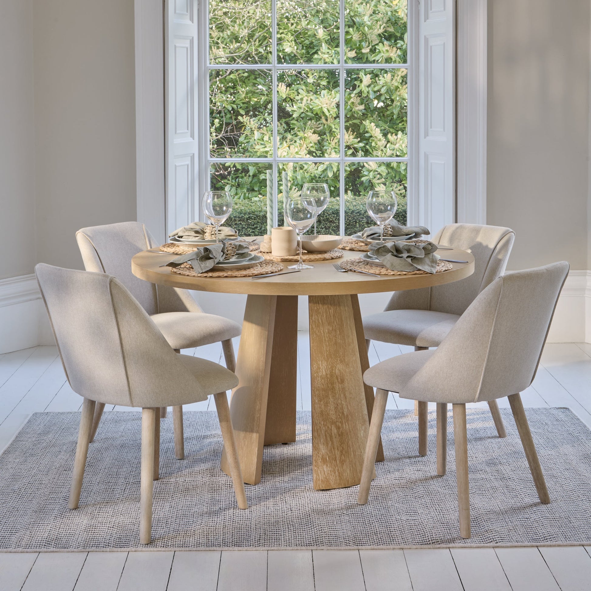 Farren Whitewash Oak Oval Dining Table Set - 4 Seater - Freya Sand Dining Chairs - Whitewash Oak Legs - Laura James
