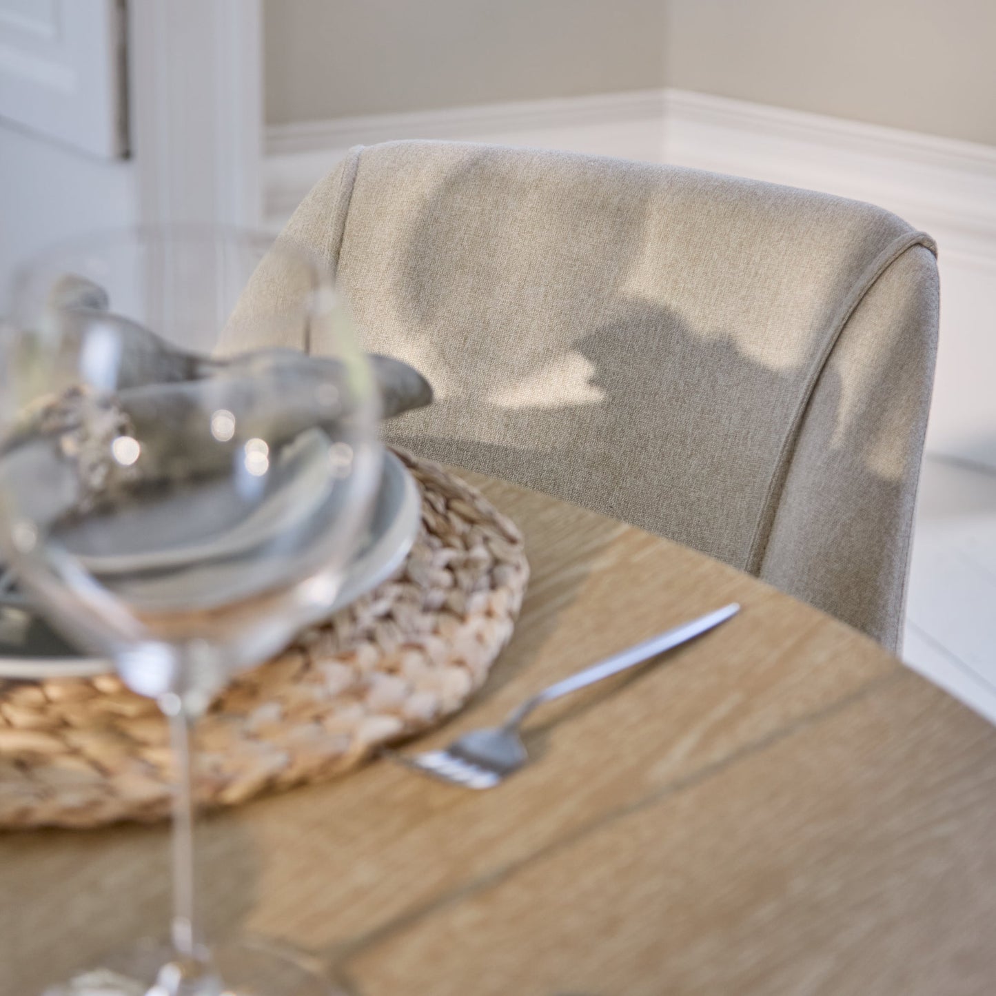 Farren Whitewash Oak Oval Dining Table Set - 4 Seater - Freya Sand Dining Chairs - Whitewash Oak Legs - Laura James
