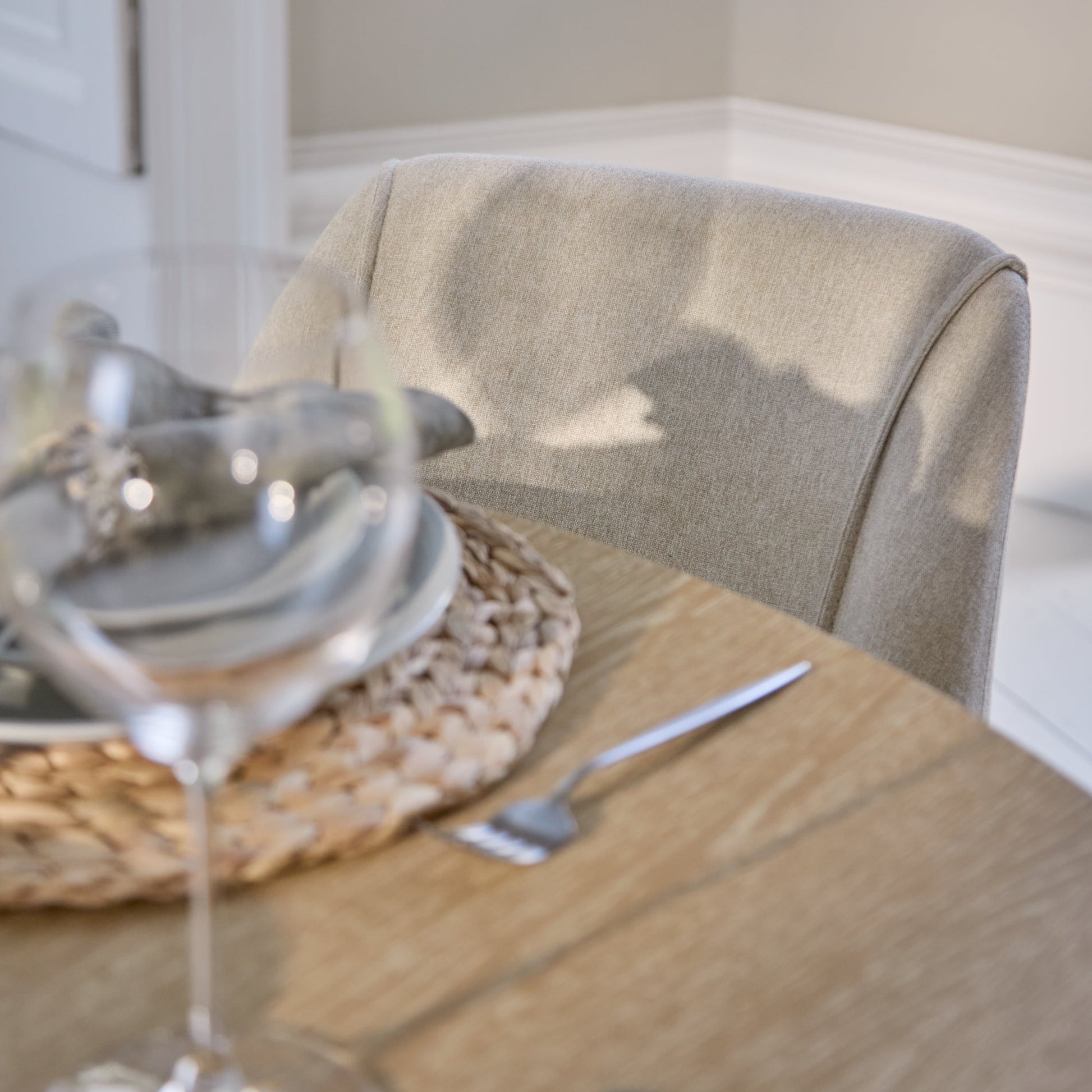 Farren Whitewash Oak Oval Dining Table Set - 4 Seater - Freya Sand Dining Chairs - Whitewash Oak Legs - Laura James