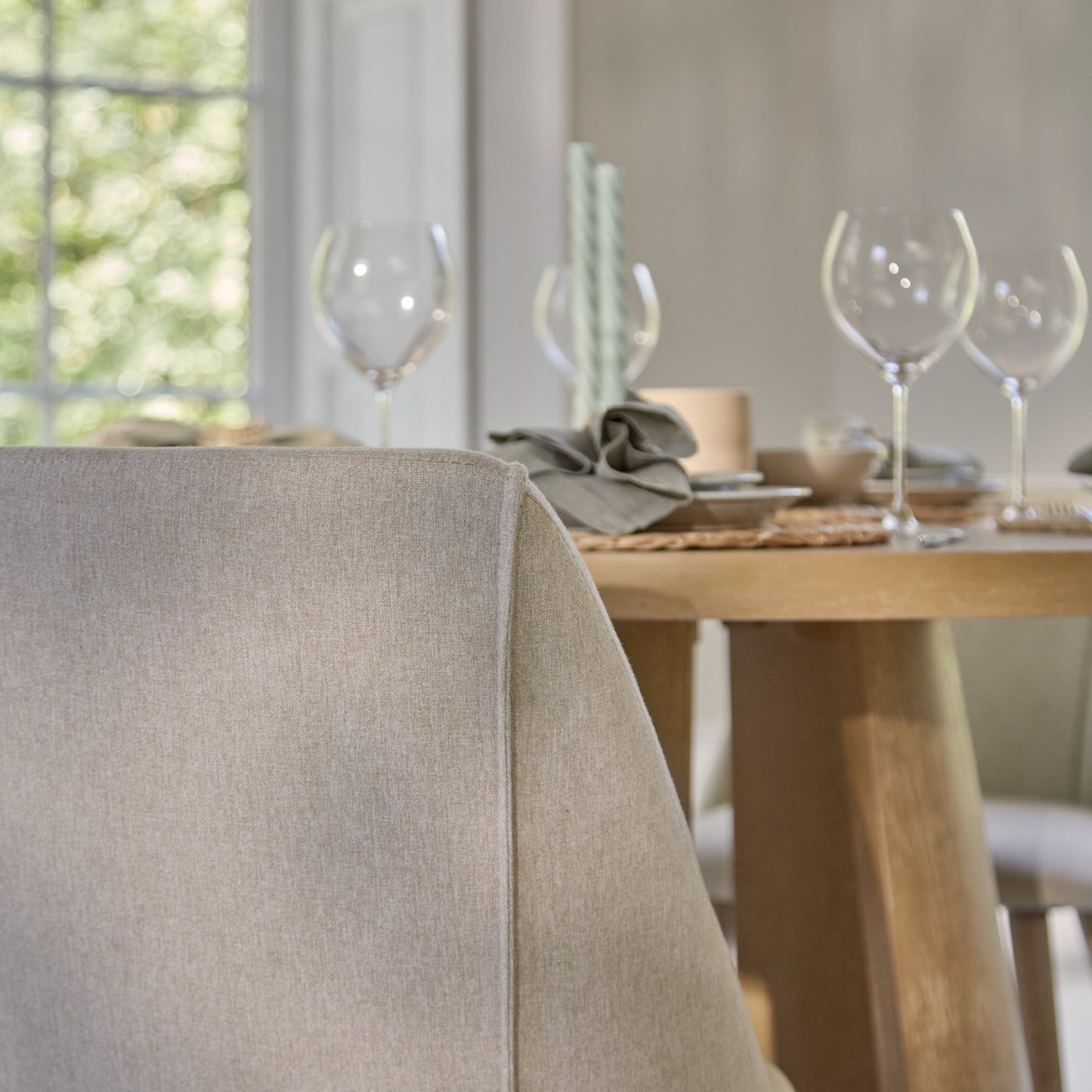 Farren Whitewash Oak Oval Dining Table Set - 4 Seater - Freya Sand Dining Chairs - Whitewash Oak Legs - Laura James