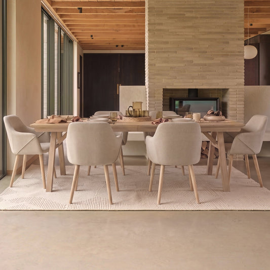 Sabina 160-240cm Whitewash Oak Extending Dining Table Set - 6 Seater - Freya Sand Dining Armchairs - Whitewash Oak Legs - Laura James 