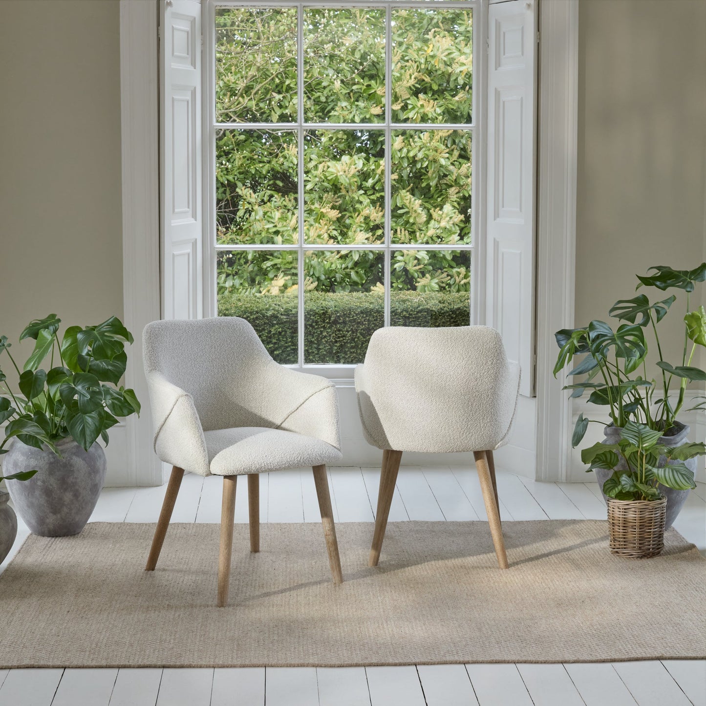 Freya Oat Boucle Dining Armchairs - Set of 2 - Chalked Mango Wood Legs - Laura James