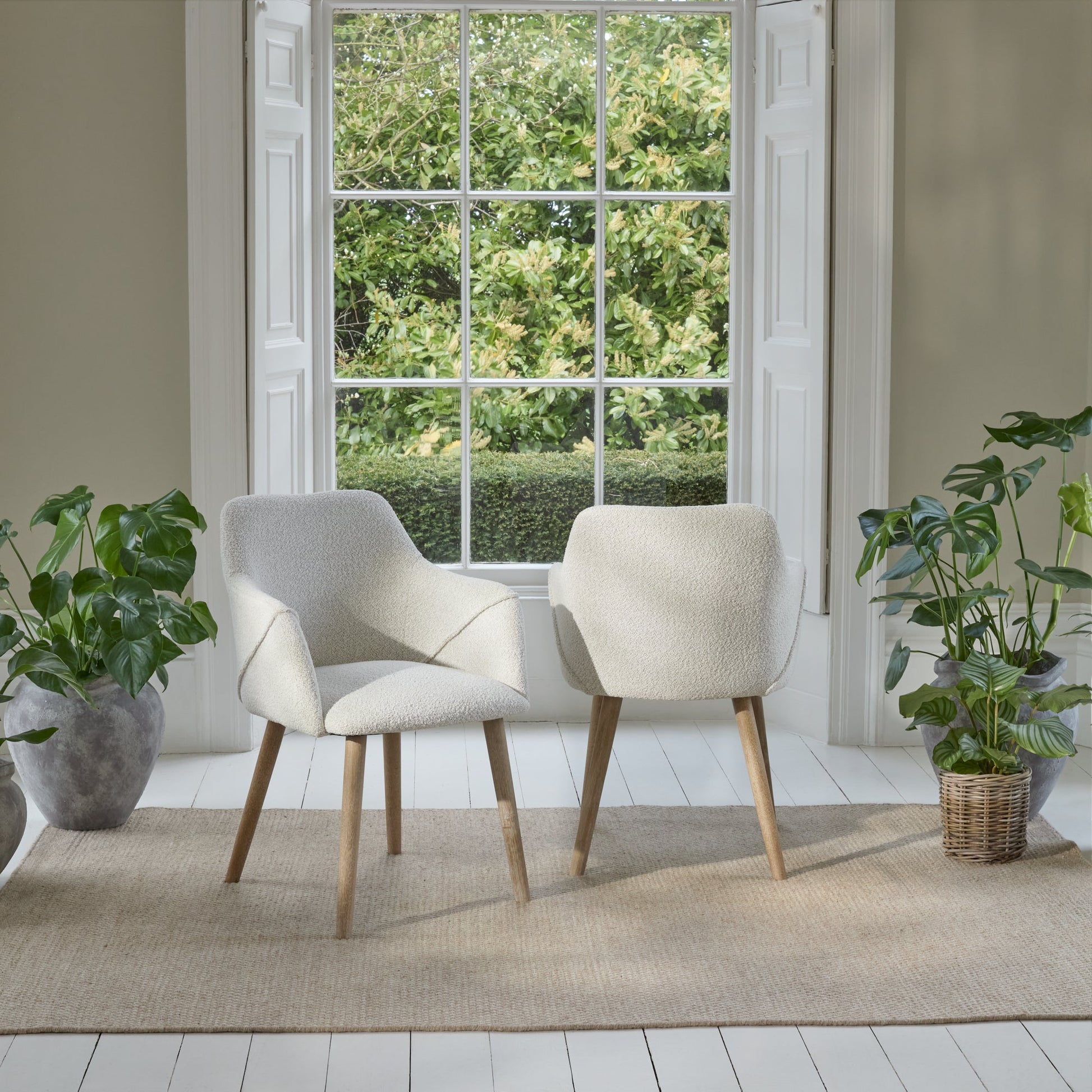 Freya Oat Boucle Dining Armchairs - Set of 2 - Chalked Mango Wood Legs - Laura James