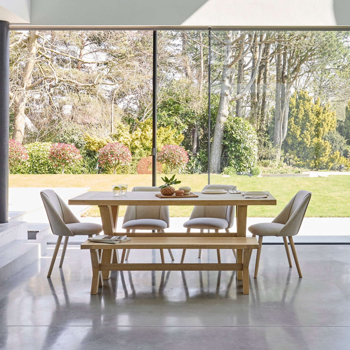 Charlotte 6 Seater Extending Rectangular Dining Table Set with  Freya Sand Dining chairs & Charlotte Bench - Laura James 