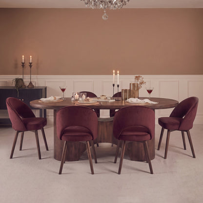 Octavia 220cm Coffee Brown Mango Wood Dining Table Set - 6 Seater - Marilyn Burgundy Red Dining Chairs - Coffee Brown Legs - Laura James 
