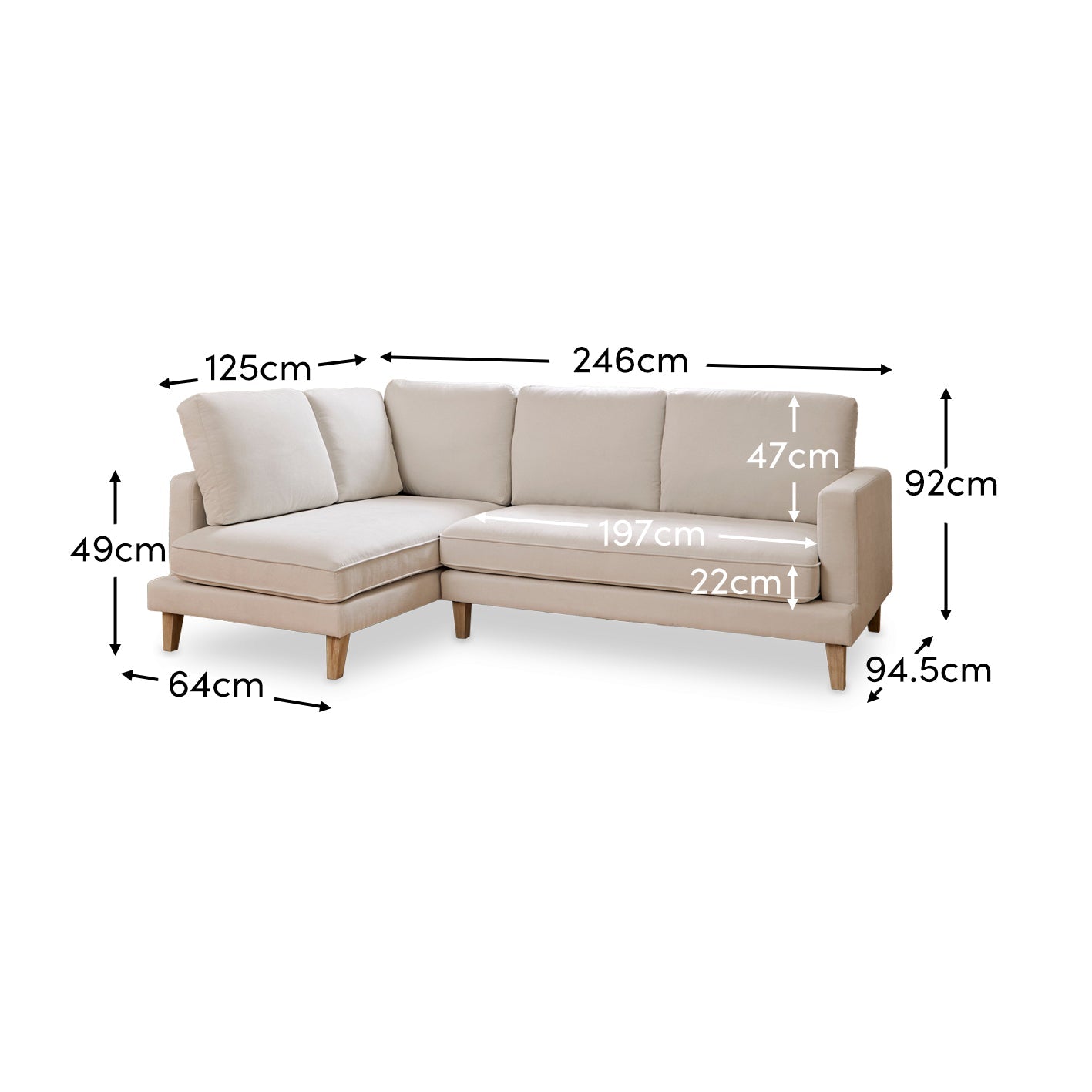 Gillian 3 Seater Large Corner Sofa - Ivory with Whitewash Legs - Laura James 