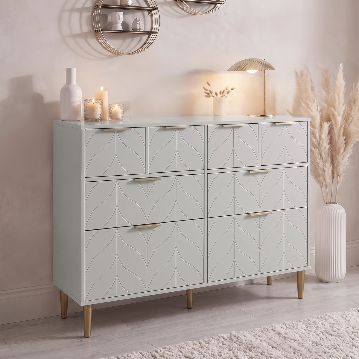 Gloria 8 Drawer Chest of Drawers - Grey & Brass Effect