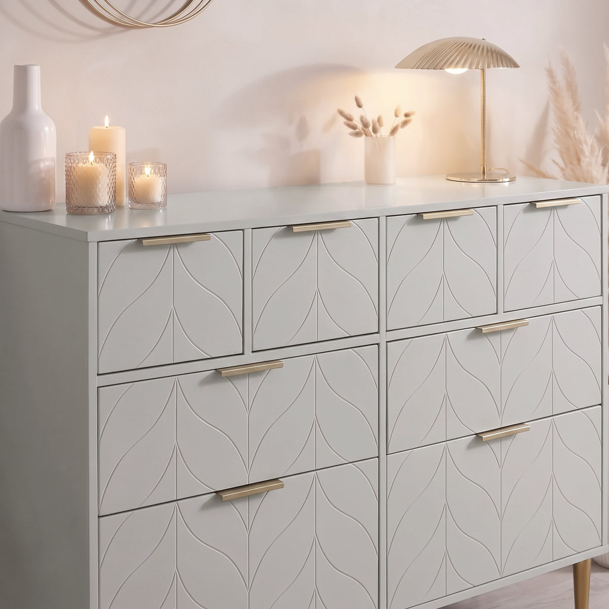 Gloria 8 Drawer Chest of Drawers - Grey & Brass Effect