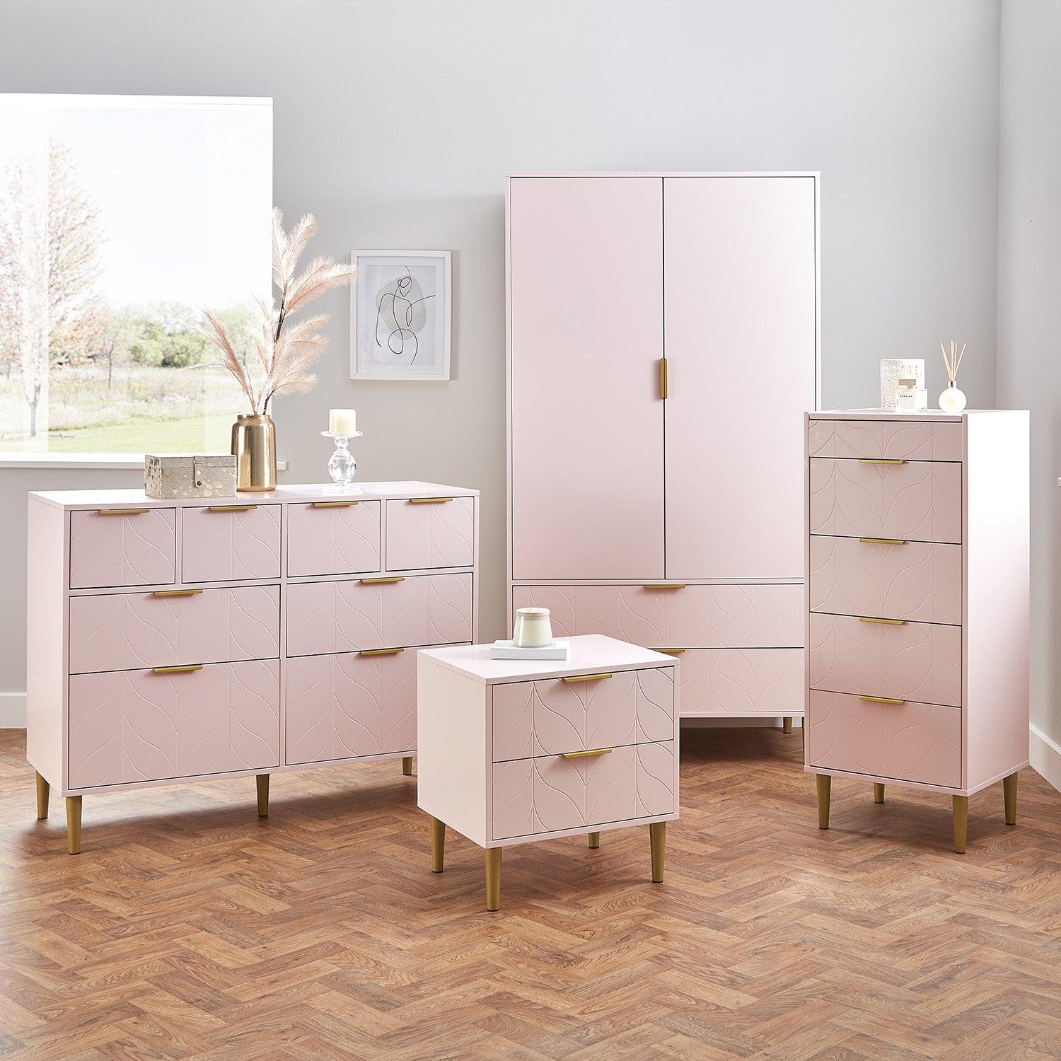 Gloria 4 Piece Bedroom Furniture Set Pale Pink- 4 Over 4 Chest of Drawers