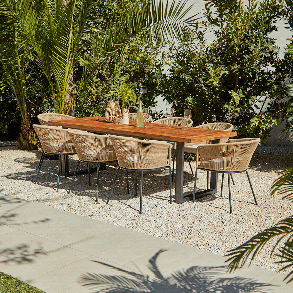 Hali 8 Seater Wooden Outdoor Dining Set with Hali Natural Chairs & Cream LED Premium Cantilever Parasol- 235cm