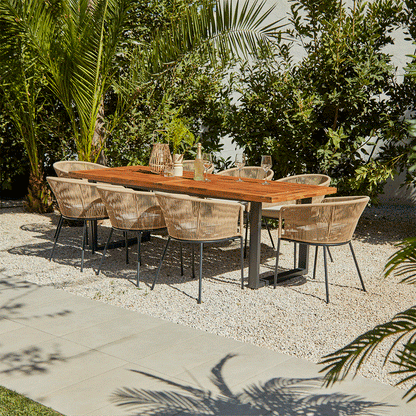 Hali 8 Seater Wooden Outdoor Dining Set with Hali Natural Chairs & Cream LED Premium Cantilever Parasol- 235cm