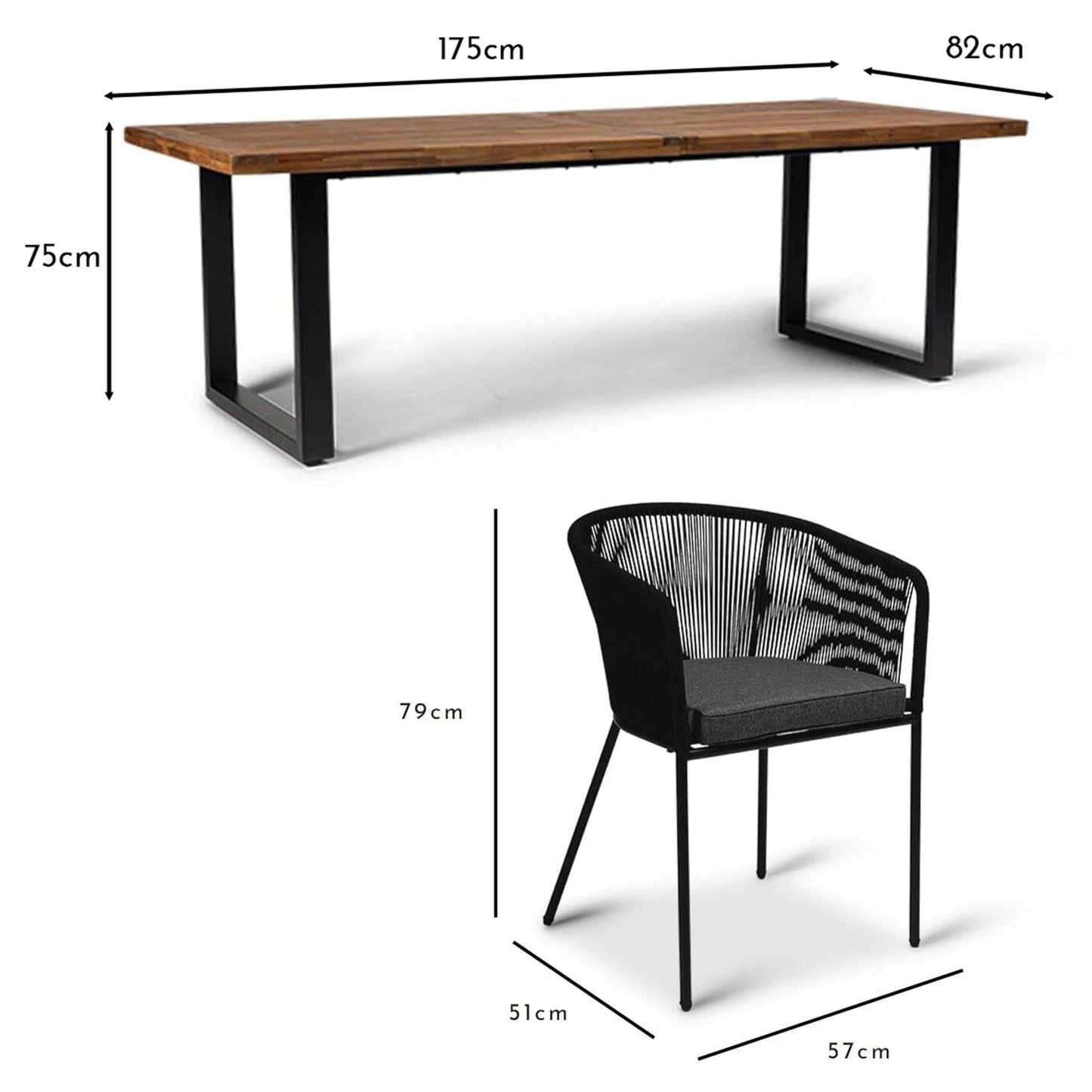 Hali 4 Seater Outdoor Dining Set with Hali Black Chairs - 175cm