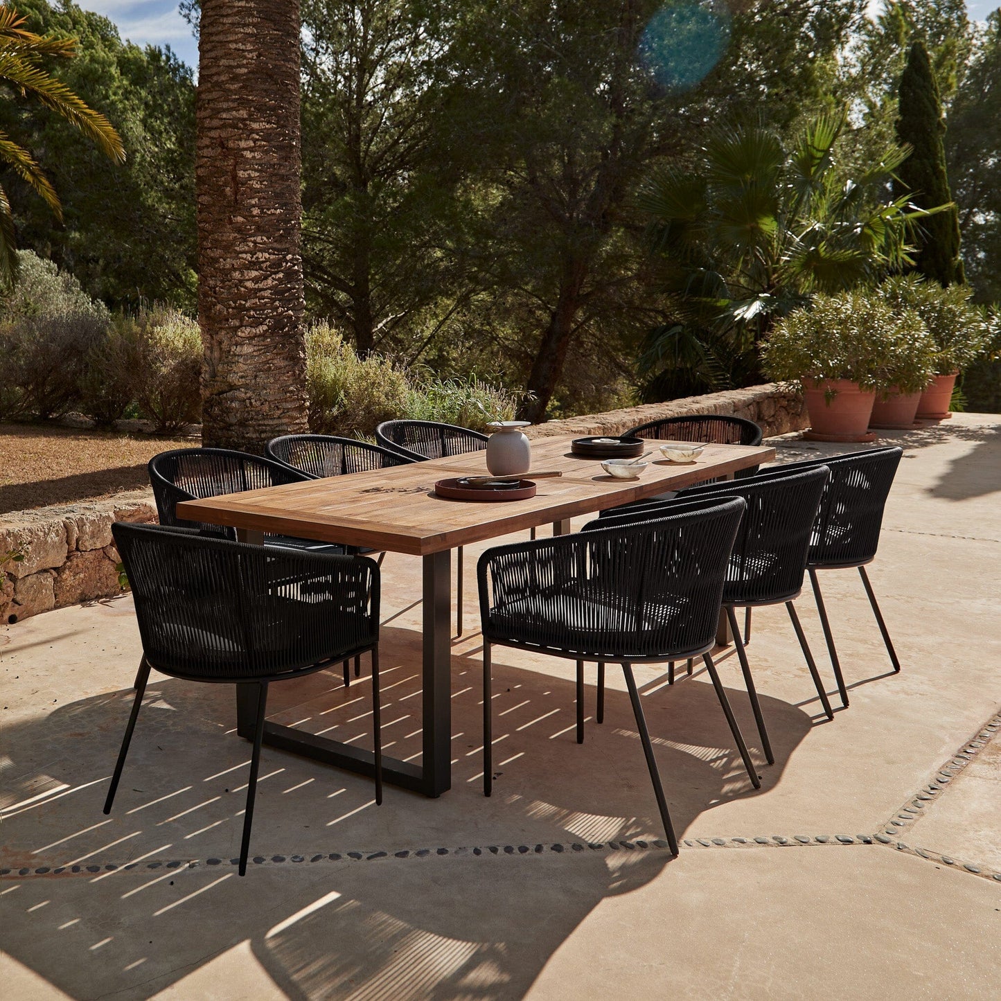 Hali 8 Seater Wooden Outdoor Dining Set with Hali Black Chairs & Grey LED Premium Cantilever Parasol - 235cm