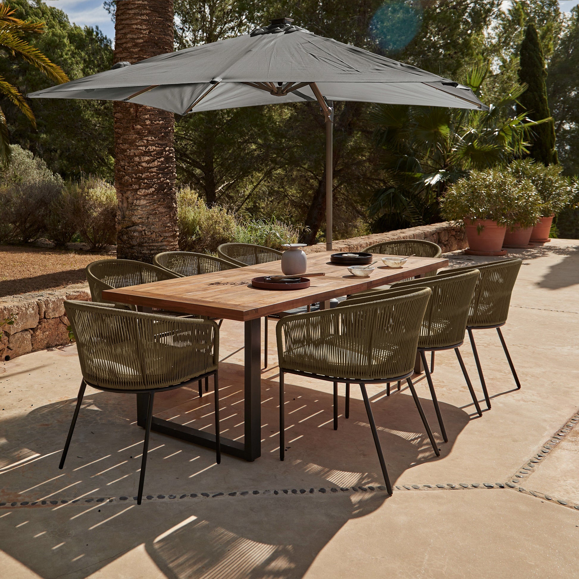 Hali 8 Seater Wooden Outdoor Dining Set with Hali Green Chairs & Grey Premium Cantilever Parasol - 235cm