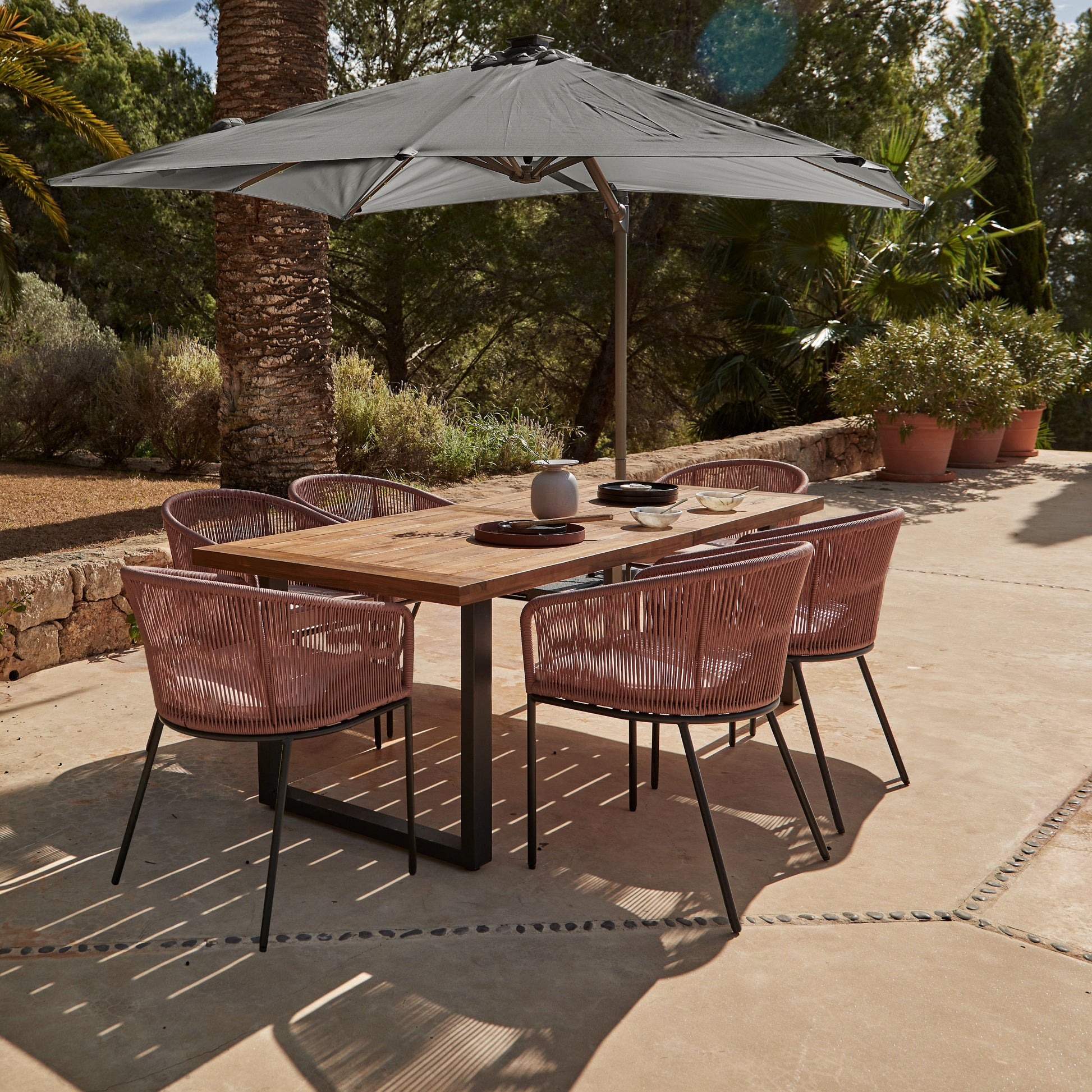 Hali 6 Seater Wooden Outdoor Dining Set with Hali Pink Chairs & Grey Premium Cantilever Parasol - 175cm