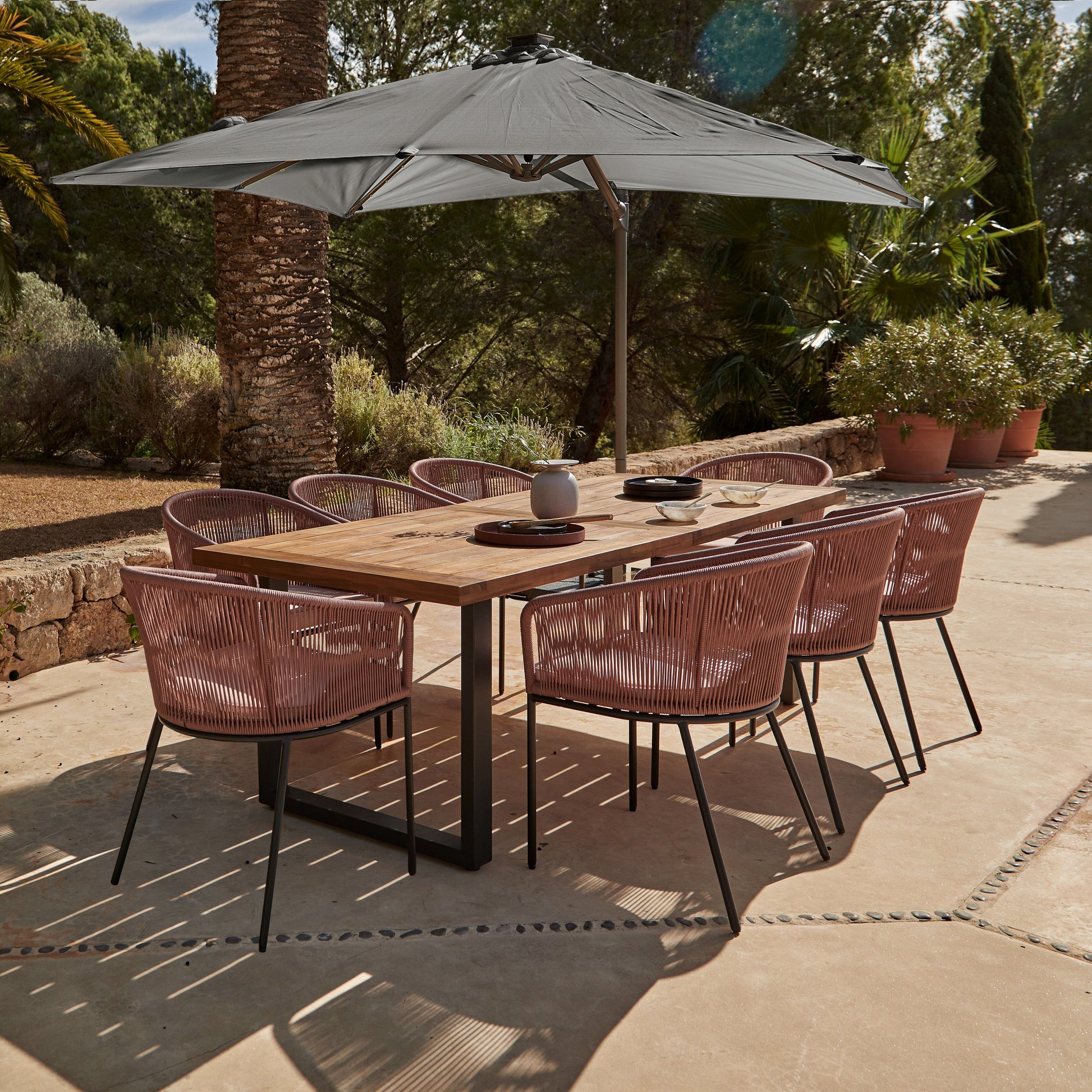 Hali 8 Seater Wooden Outdoor Dining Set with Hali Pink Chairs & Grey Premium Cantilever Parasol - 235cm