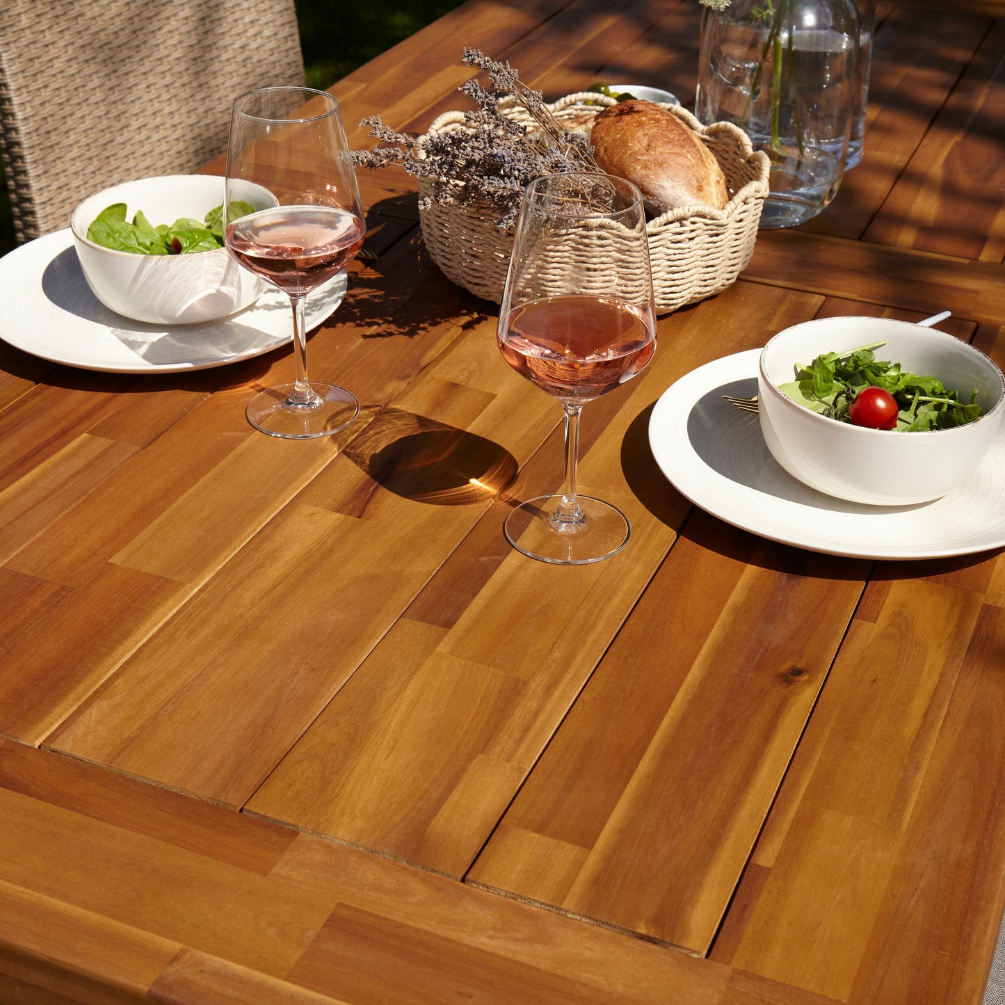 Hali 8 Seater Wooden Outdoor Dining Set with Hali Natural Chairs & Cream Lean Over Parasol - 235cm
