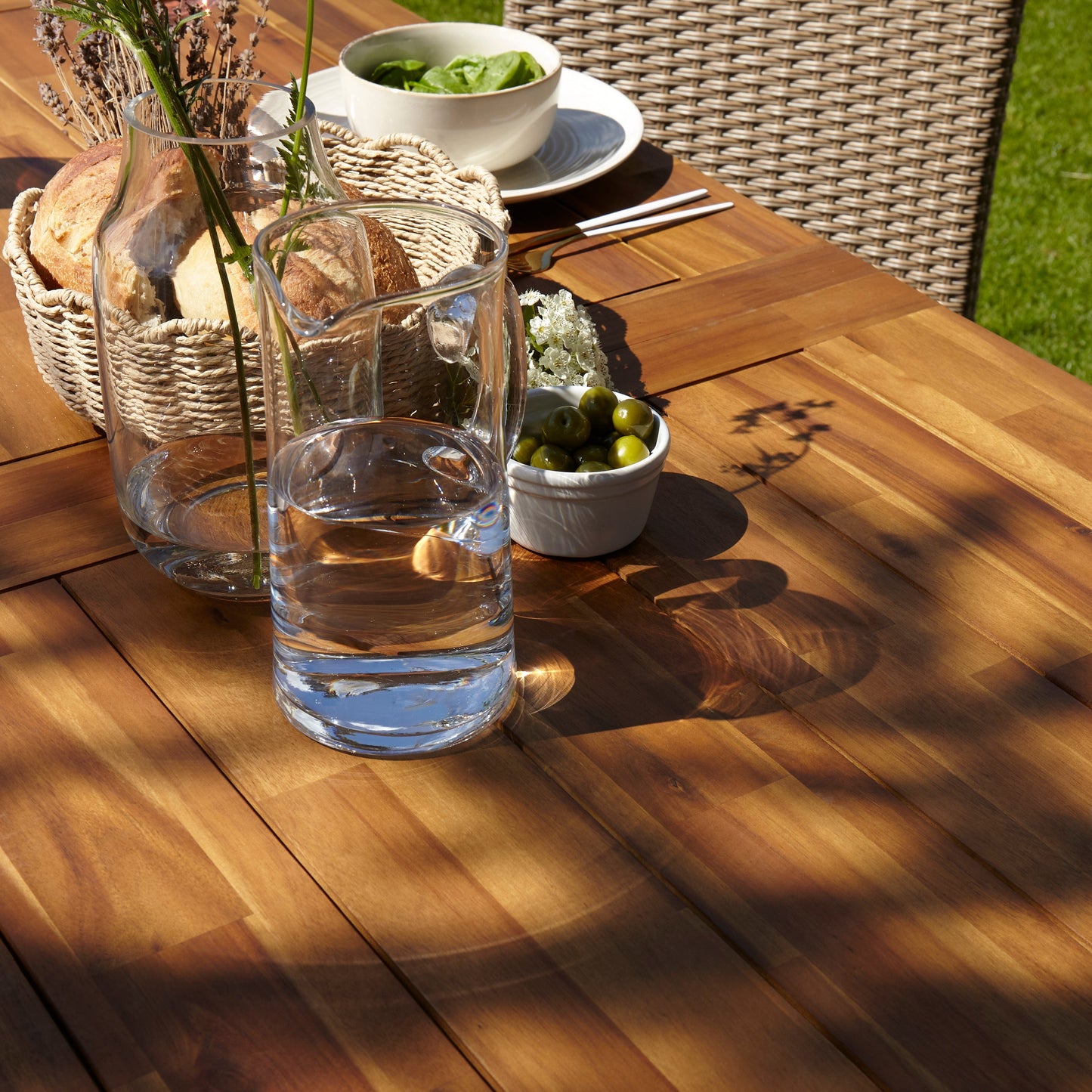 Hali 6 Seater Wooden Outdoor Dining Set with Hali Black Chairs & Grey LED Premium Cantilever Parasol - 175cm