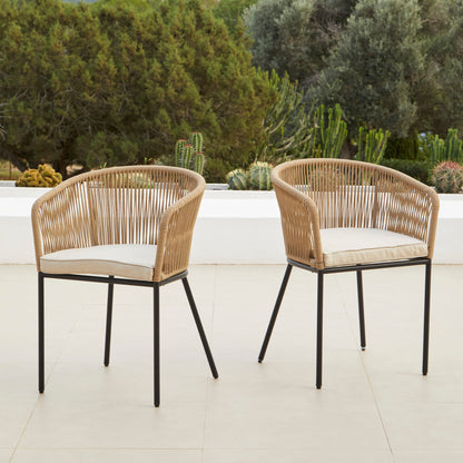 Willow 6 Seater Round Wooden Garden Set with 6 Hali Natural Rope Chairs & Round Cream LED Parasol