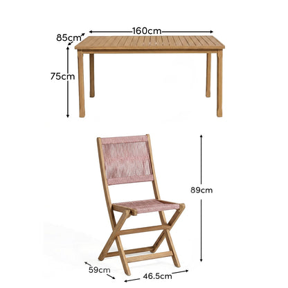 Harlyn 4 Seater Wooden Garden Dining Set with Cove Pink Rope Chairs - 160cm - Laura James