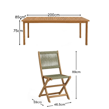 Harlyn 6 Seater Wooden Garden Dining Set with Cove Green Rope Chairs - 200cm - Laura James