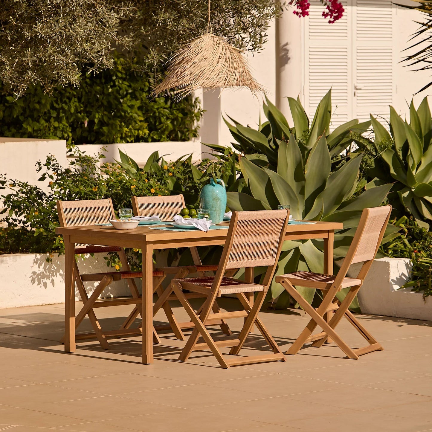 Harlyn 4 Seater Wooden Garden Dining Set with Cove Natural Chairs - 160cm - Laura James