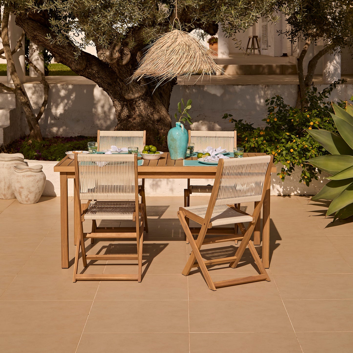 Harlyn 4 Seater Wooden Garden Dining Set with Cove Beige Chairs - 160cm - Laura James