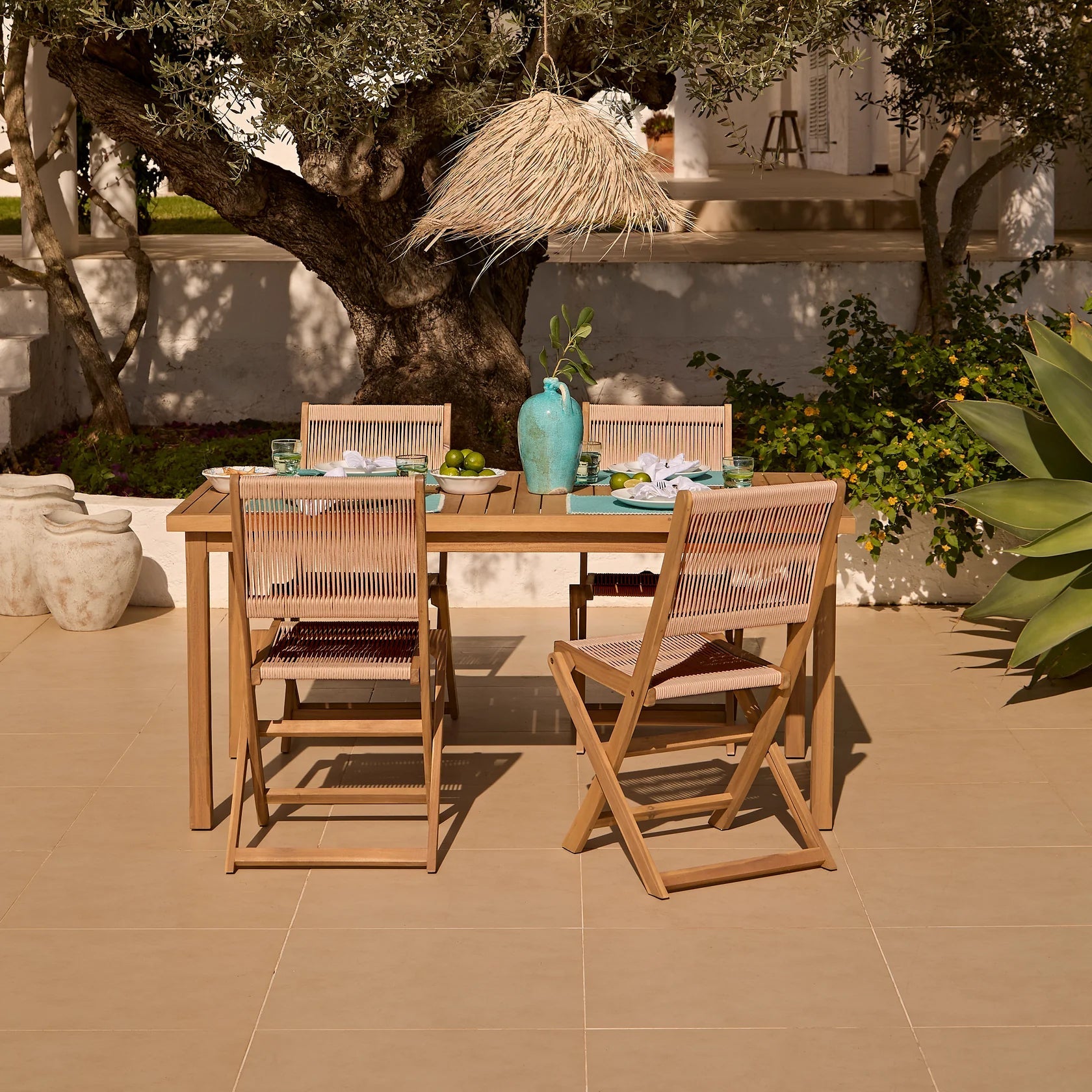 Harlyn 4 Seater Wooden Garden Dining Set with Cove Natural Chairs - 160cm - Laura James