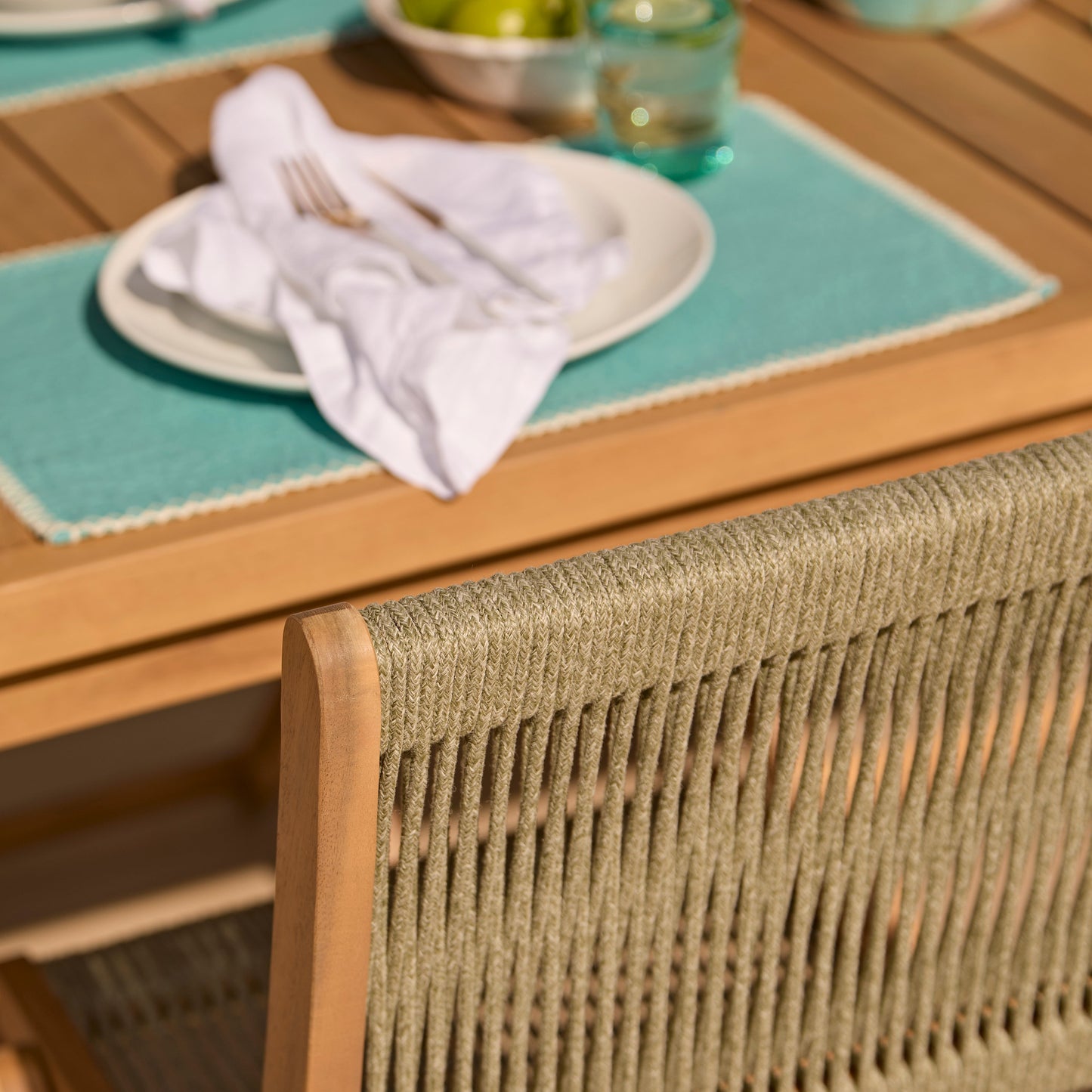 Harlyn 4 Seater Wooden Garden Dining Set with Cove Green Rope Chairs - 160cm - Laura James