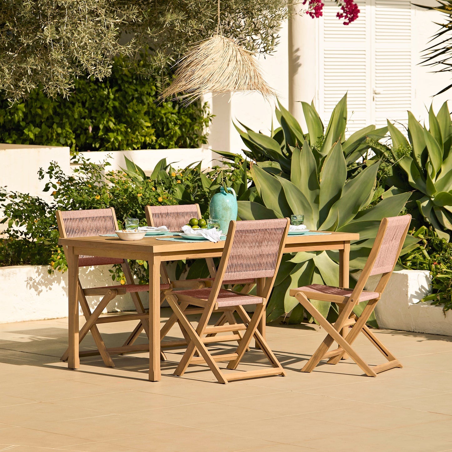 Harlyn 4 Seater Wooden Garden Dining Set with Cove Pink Rope Chairs - 160cm - Laura James