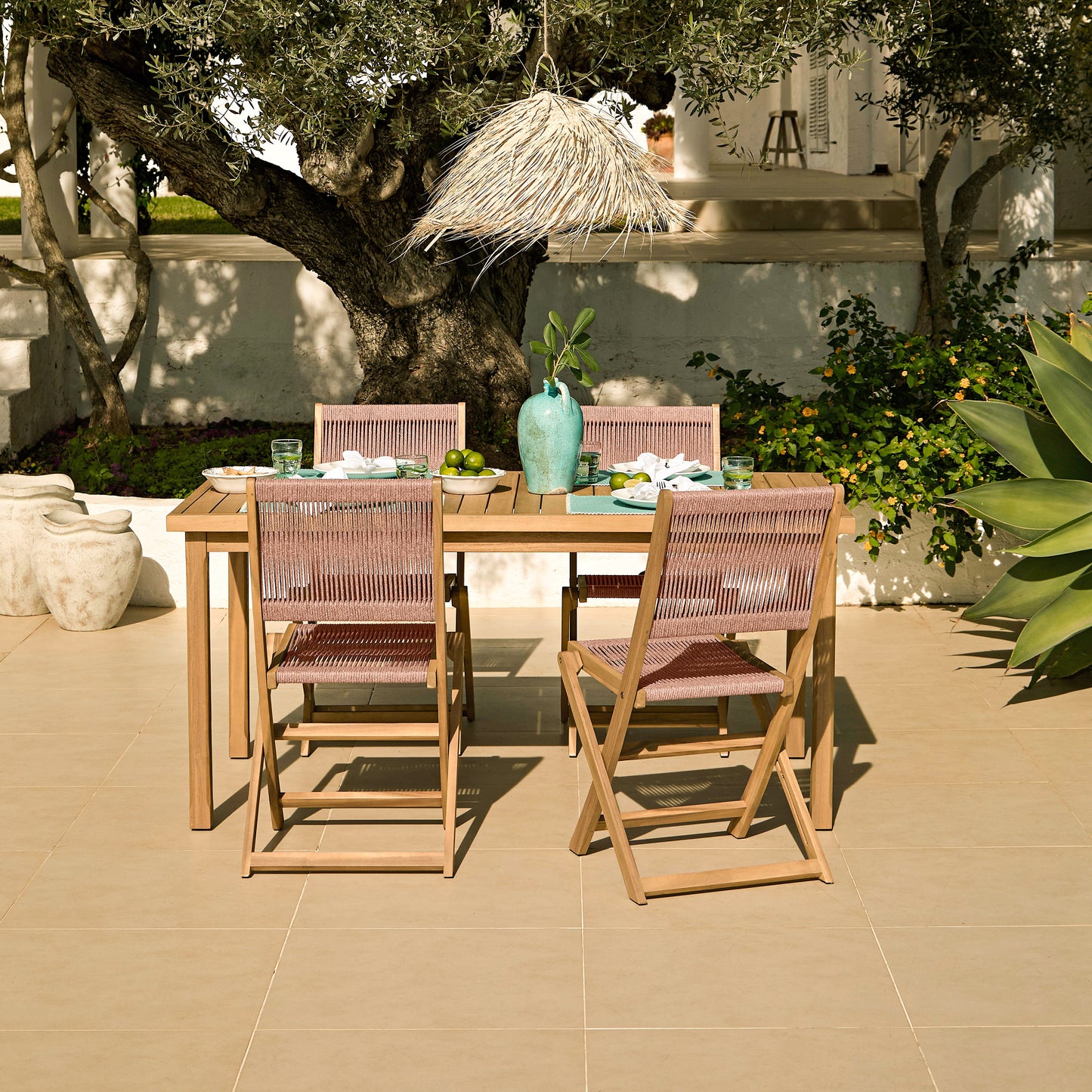 Harlyn 4 Seater Wooden Garden Dining Set with Cove Pink Rope Chairs - 160cm - Laura James