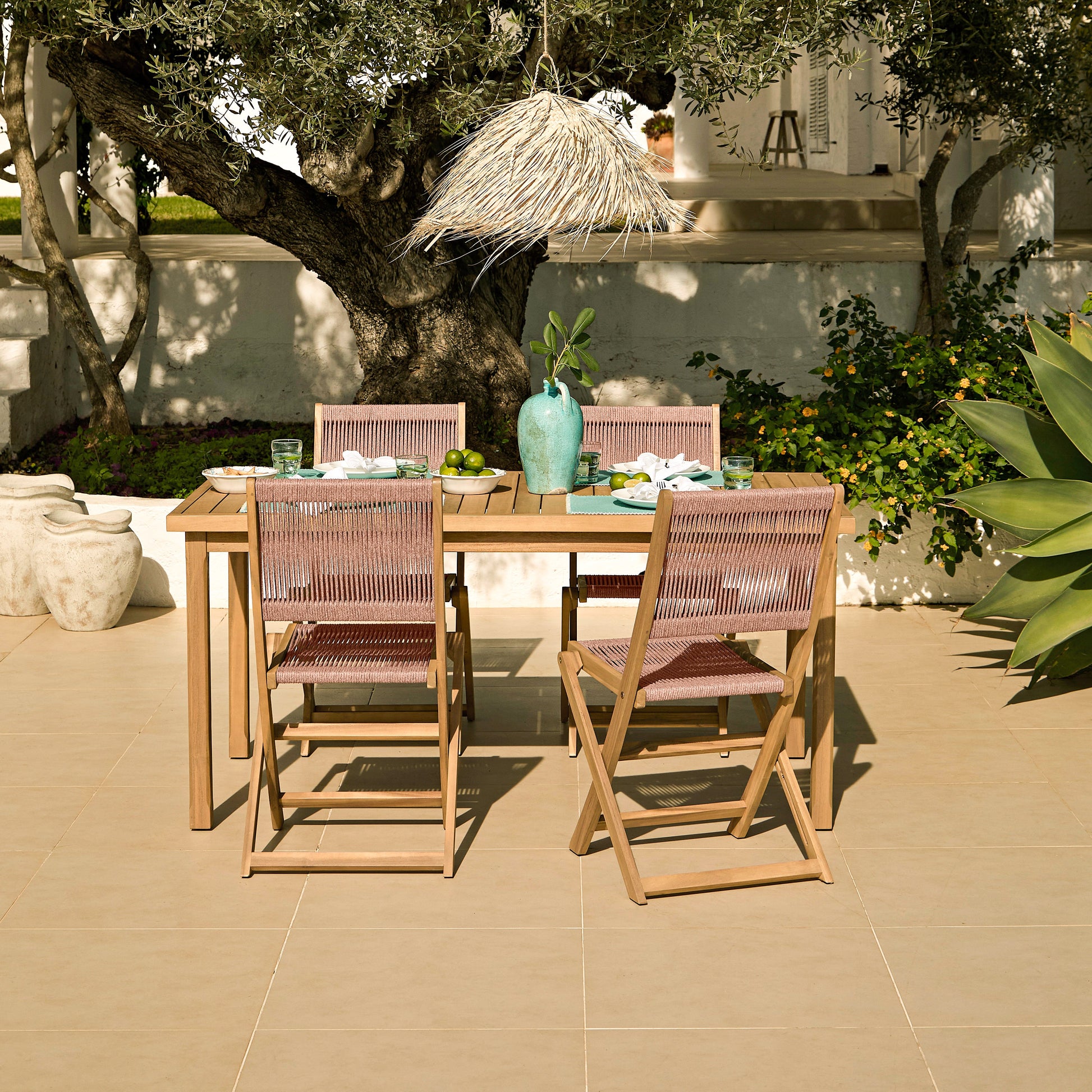 Harlyn 4 Seater Wooden Garden Dining Set with Cove Pink Rope Chairs - 160cm - Laura James