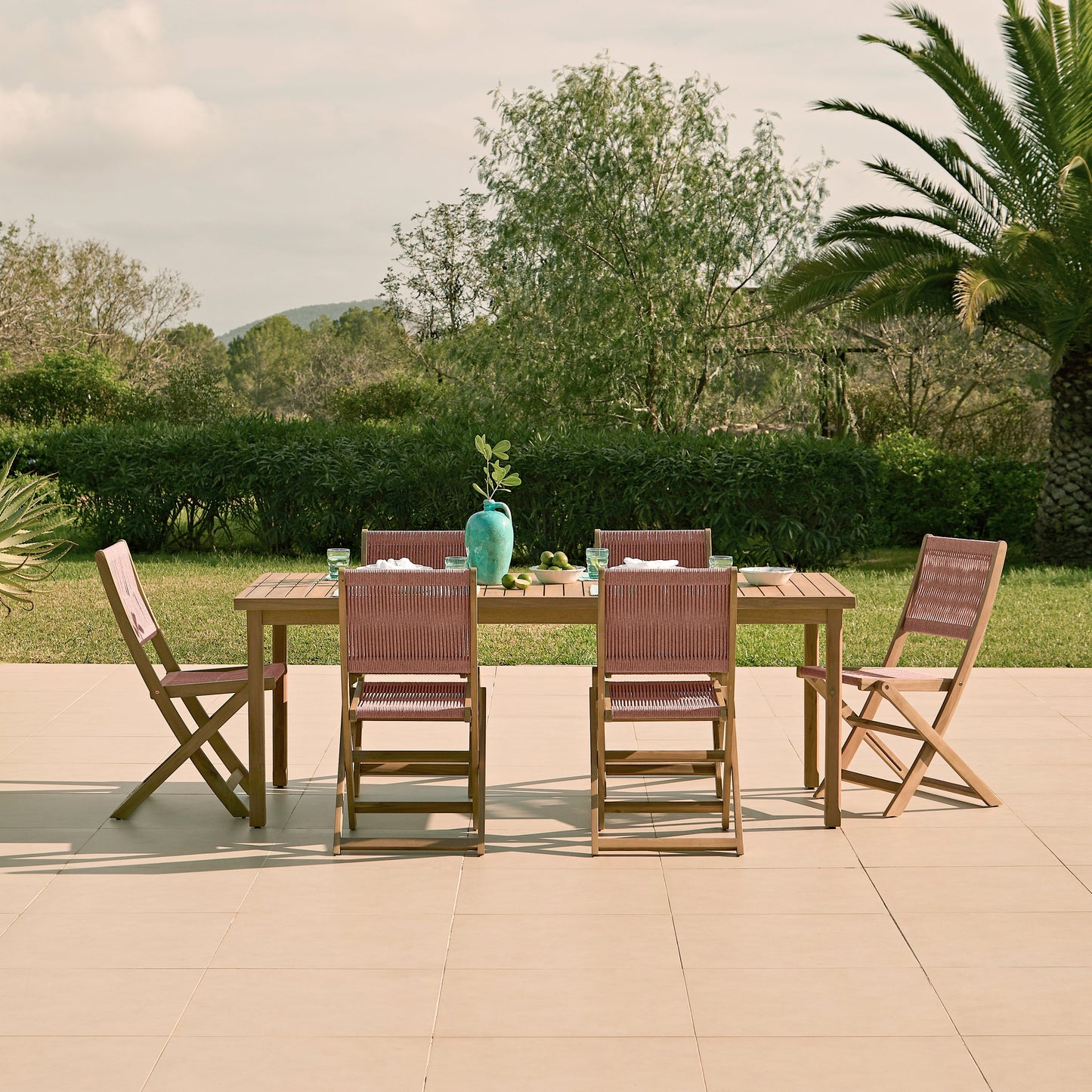 Harlyn 6 Seater Wooden Garden Dining Set with Cove Pink Rope Chairs - 200cm - Laura James
