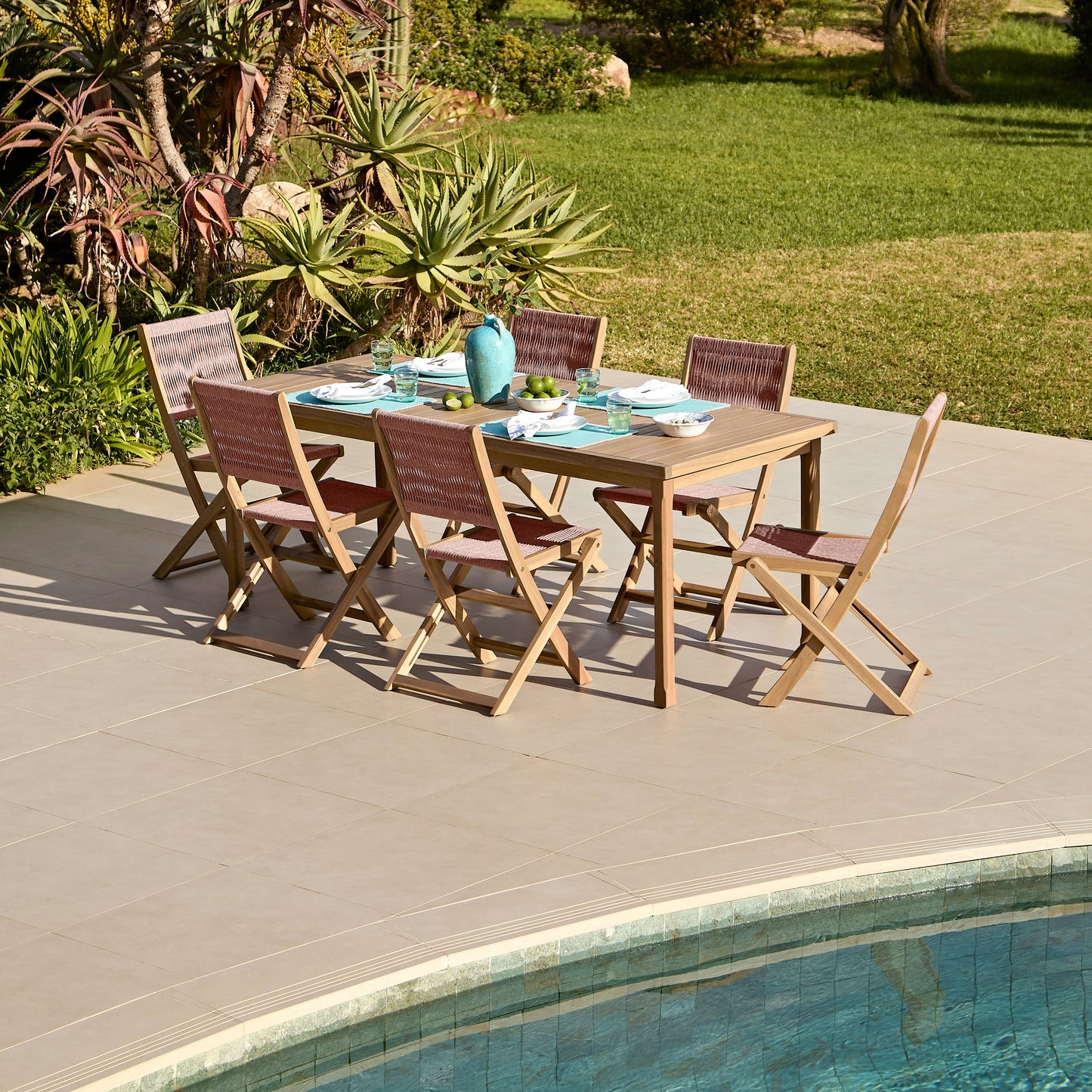 Harlyn 6 Seater Wooden Garden Dining Set with Cove Pink Rope Chairs - 200cm - Laura James