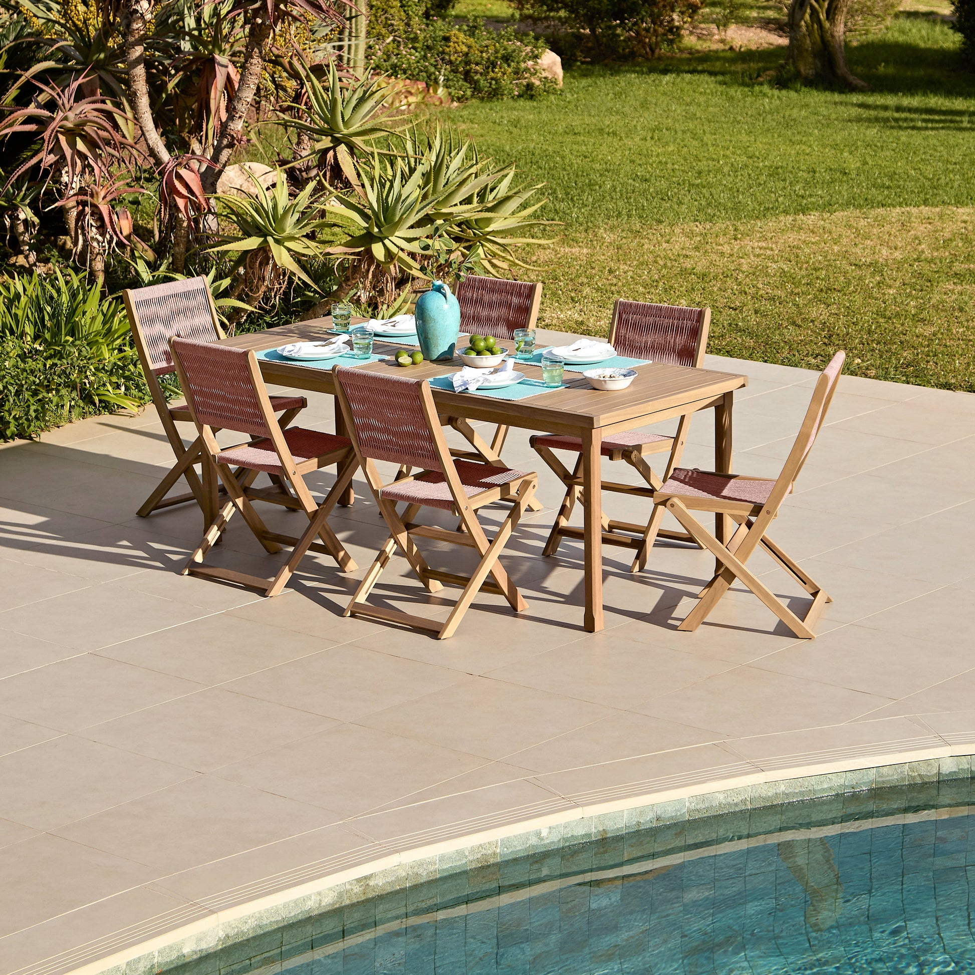 Harlyn 6 Seater Wooden Garden Dining Set with Cove Pink Rope Chairs - 200cm - Laura James