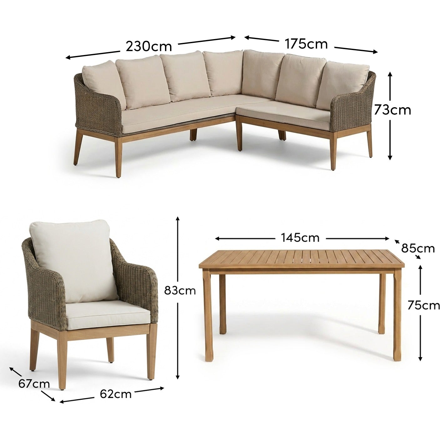 Harlyn 7 Seater Wooden Garden Dining Set with Corner Sofa & 2 Harlyn Dining Armchairs - Laura James