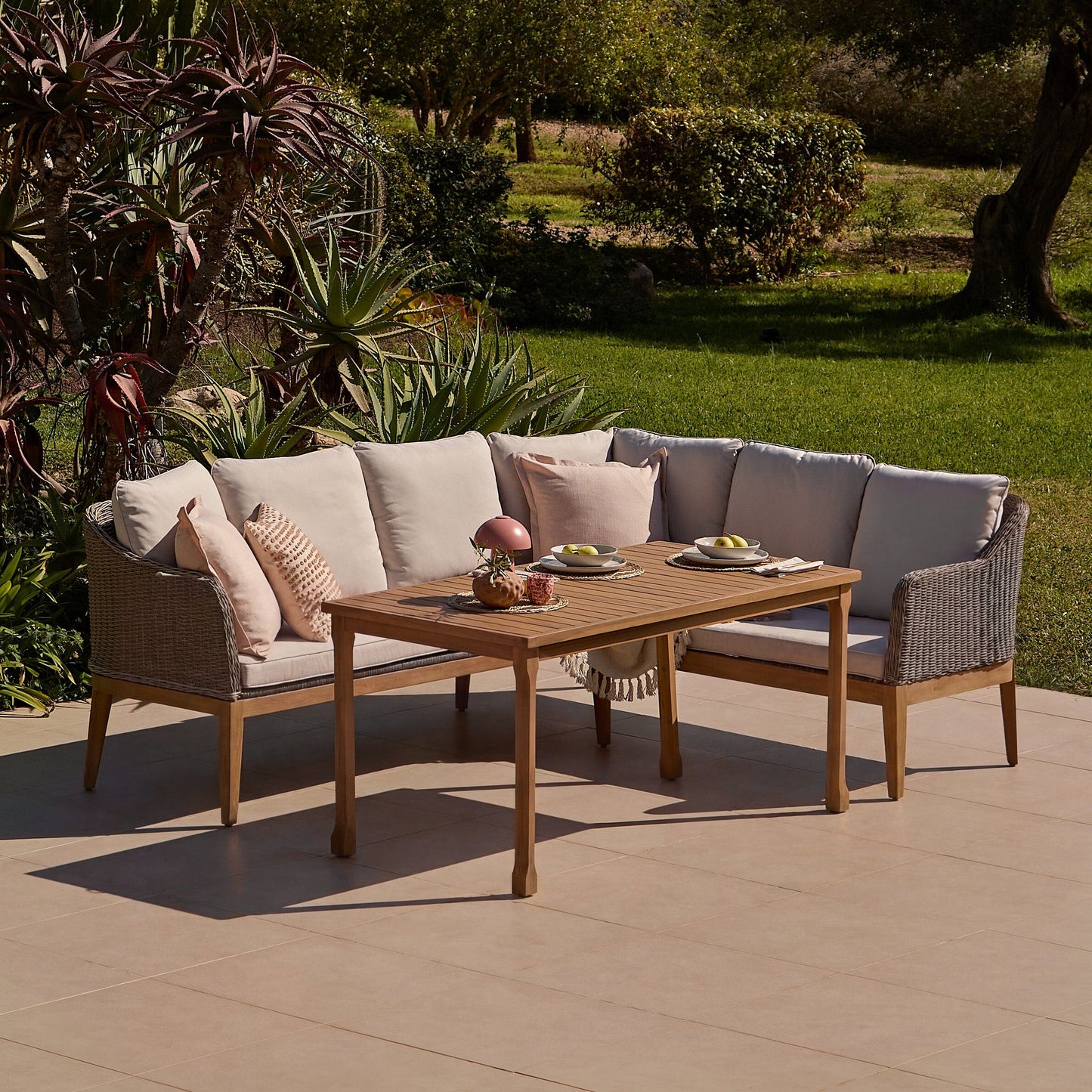 Harlyn 5 Seater Corner Sofa with Dining Table - Tawny Rattan - Laura James