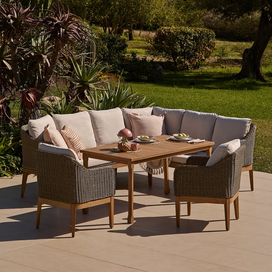 Harlyn 7 Seater Wooden Garden Dining Set with Corner Sofa & 2 Harlyn Dining Armchairs - Laura James