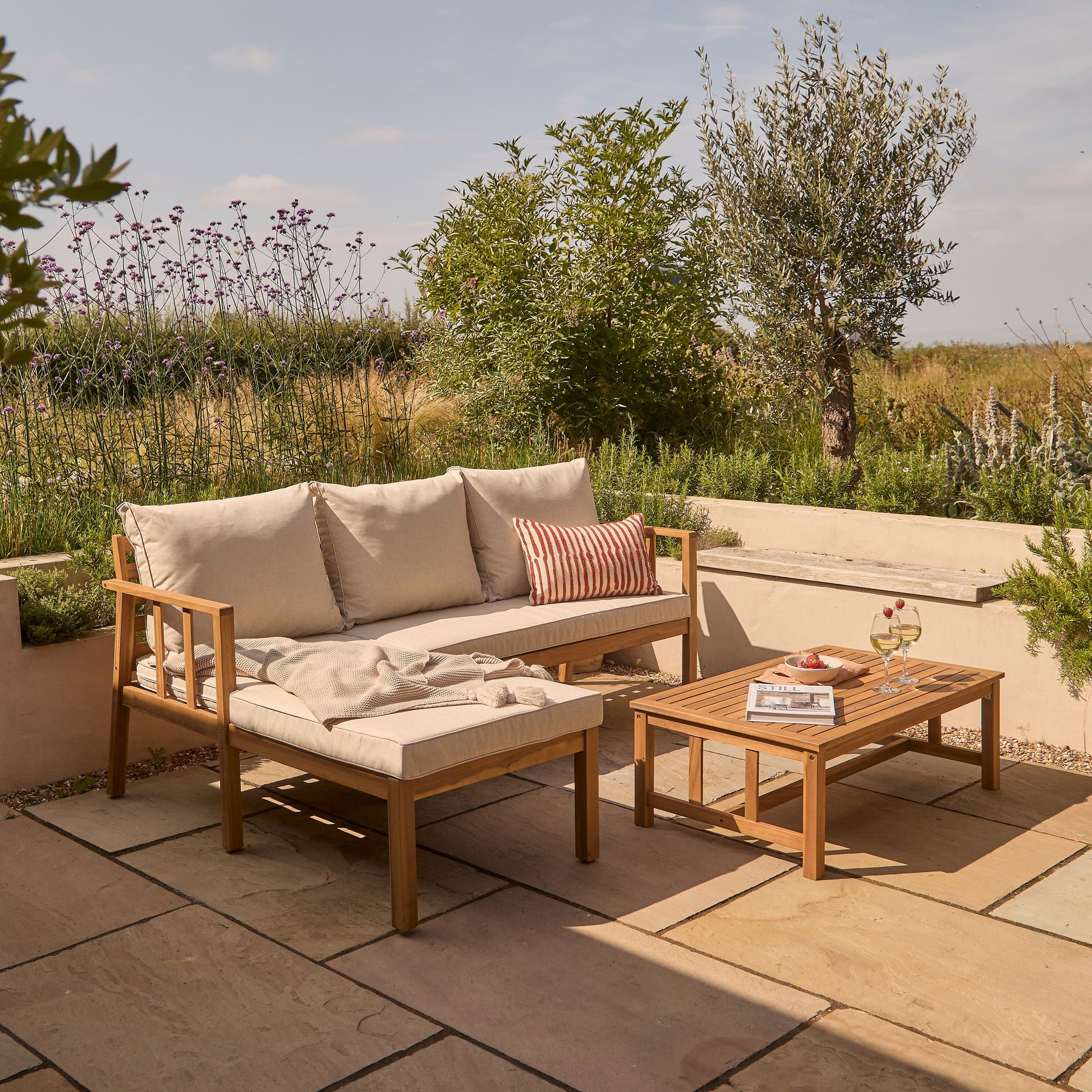 Harrelson 3 Seater Wooden Garden Chaise Corner Set - Natural Acacia and Sand - Laura James