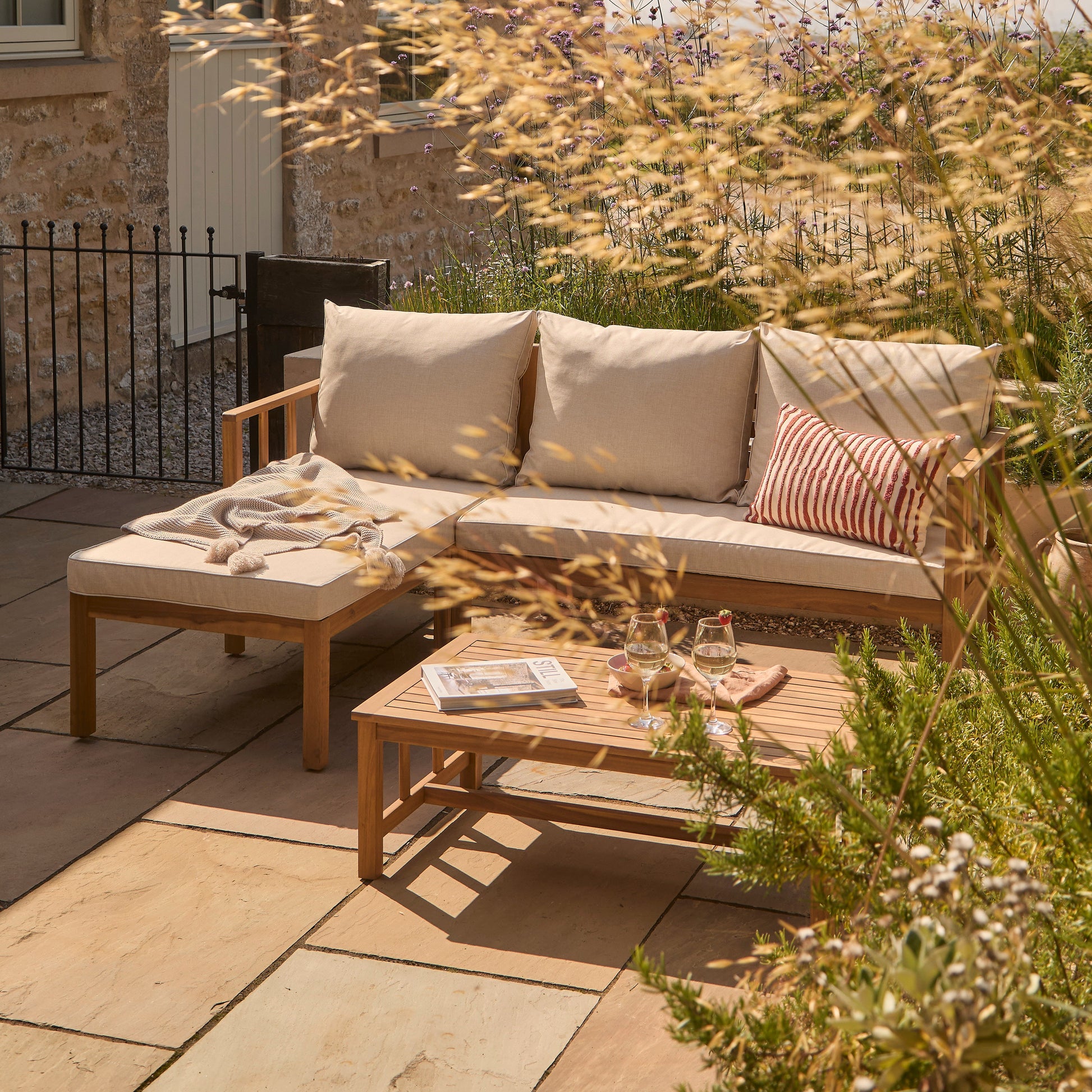 Harrelson 3 Seater Wooden Garden Chaise Corner Set - Natural Acacia and Sand - Laura James